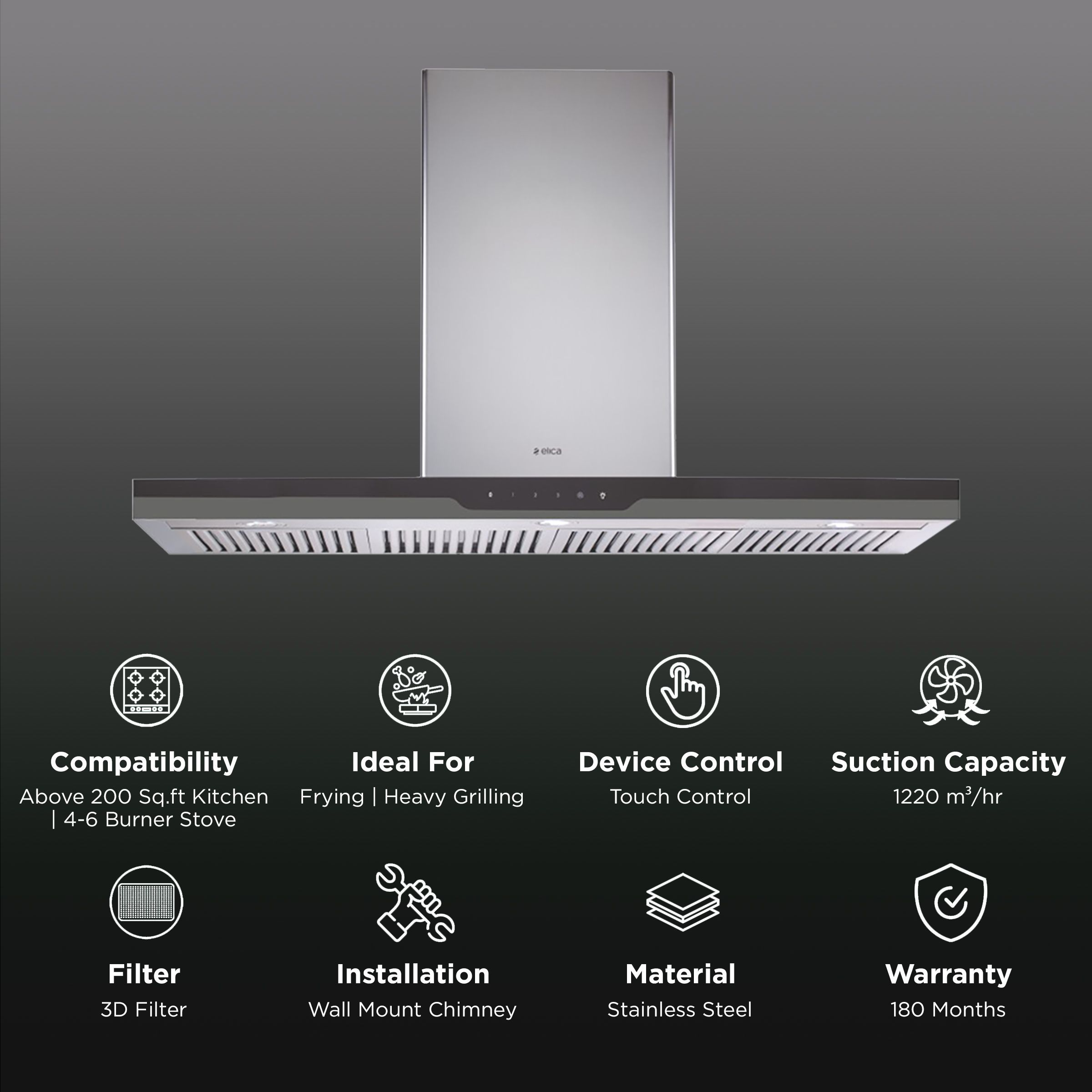elica METEORITE ETB PLUS LTW 120 TOUCH LED 120cm 1220m3/hr Ducted Wall Mounted Chimney with Touch Control Panel (Black)_3