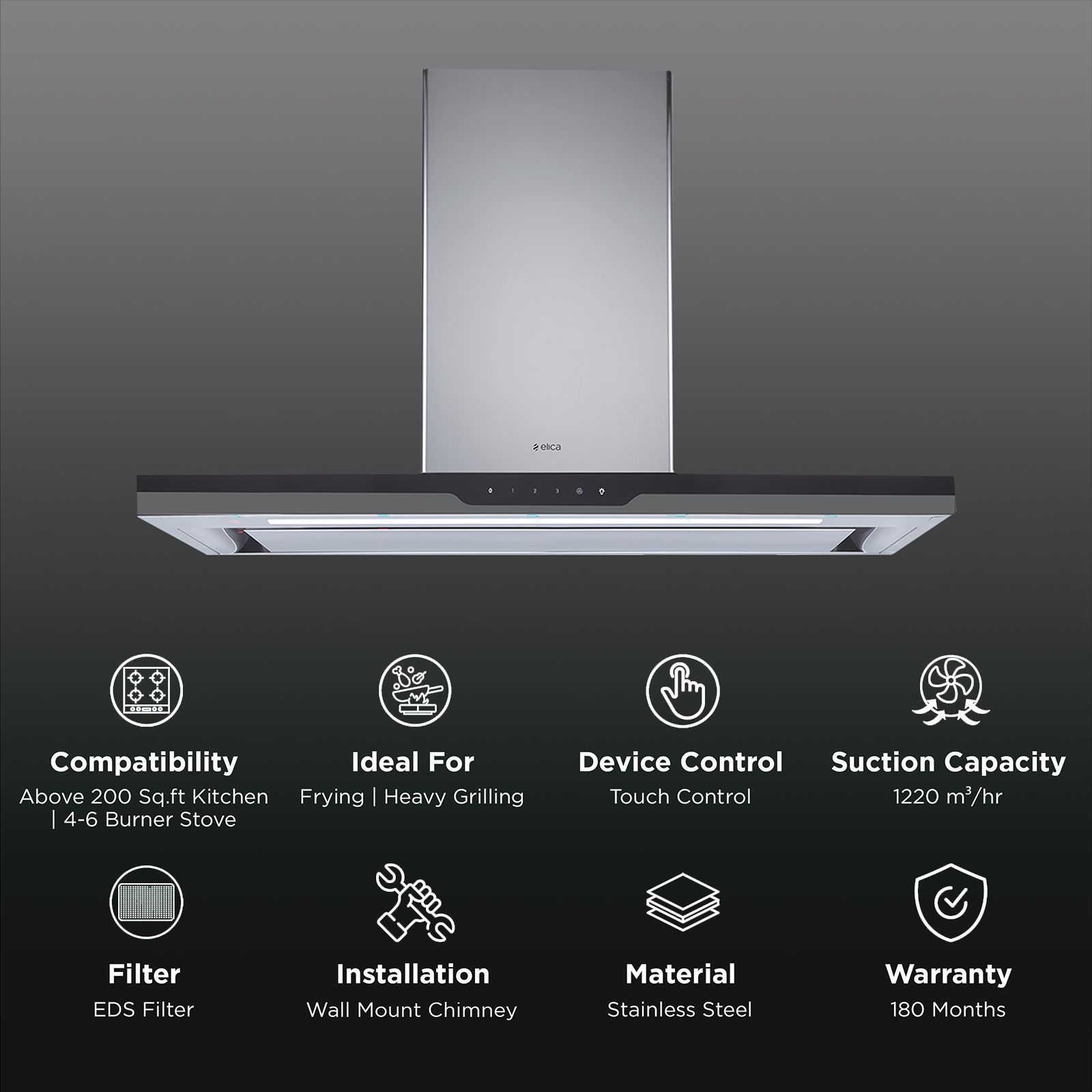 elica METEORITE EDS PLUS HE LTW 120 TOUCH 120cm 1220m3/hr Ducted Wall Mounted Chimney with Touch Control Panel (Black)_3