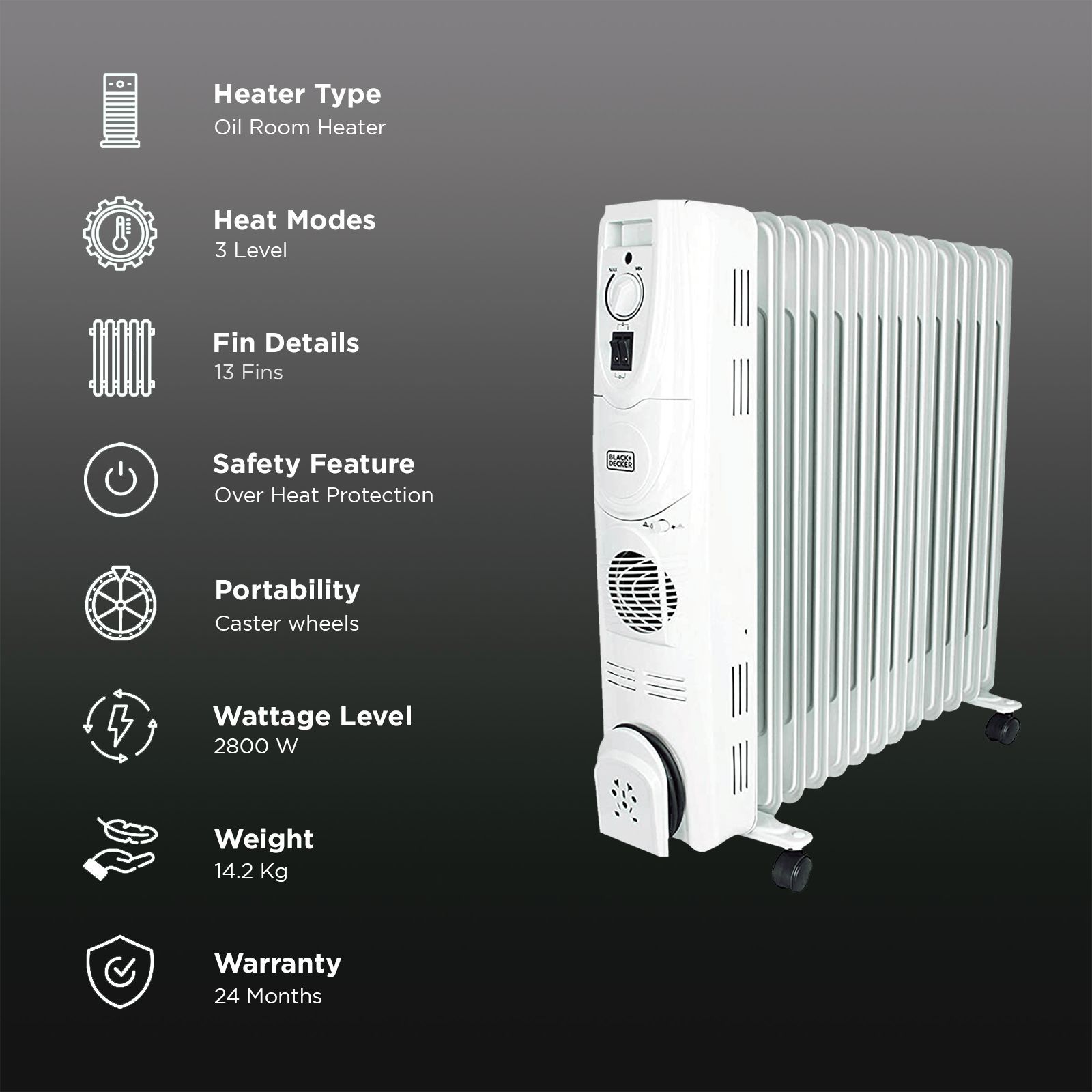 BLACK & DECKER BXRA1301IN 2800W Oil Filled Radiator Room Heater with 13 Fins (Adjustable Thermostat BLACK & DECKER BXRA1301IN 2800W Oil Filled Radiator Room Heater with 13 Fins (Adjustable Thermostat_3