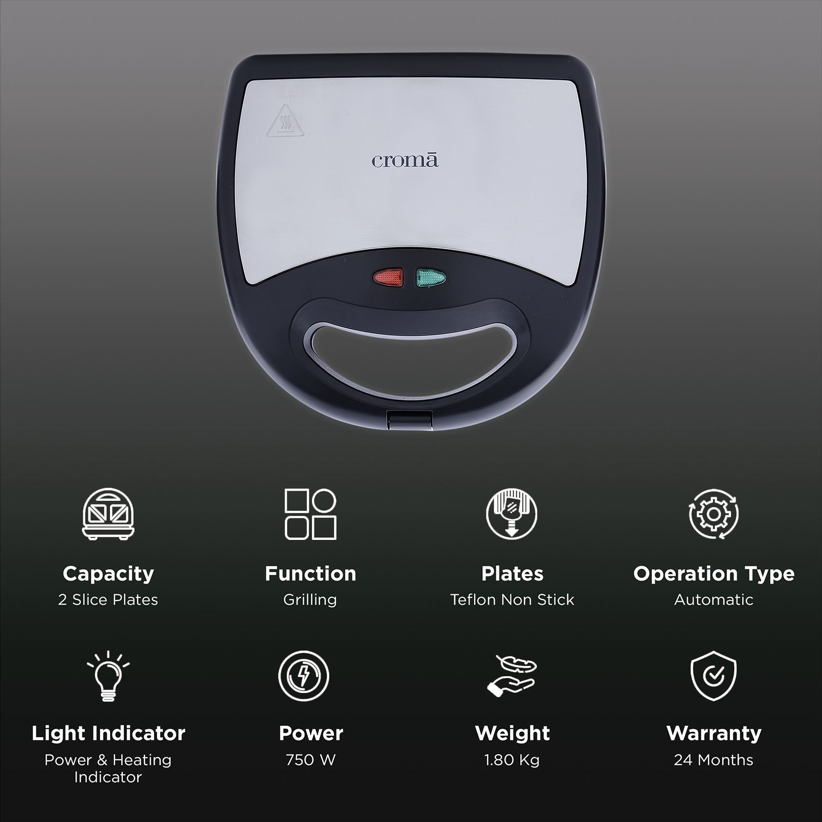 Croma 750W 2 Slice 2-in-1 Sandwich Maker with Cool Touch Handle (Black) Croma 750W 2 Slice 2-in-1 Sandwich Maker with Cool Touch Handle (Black)_3