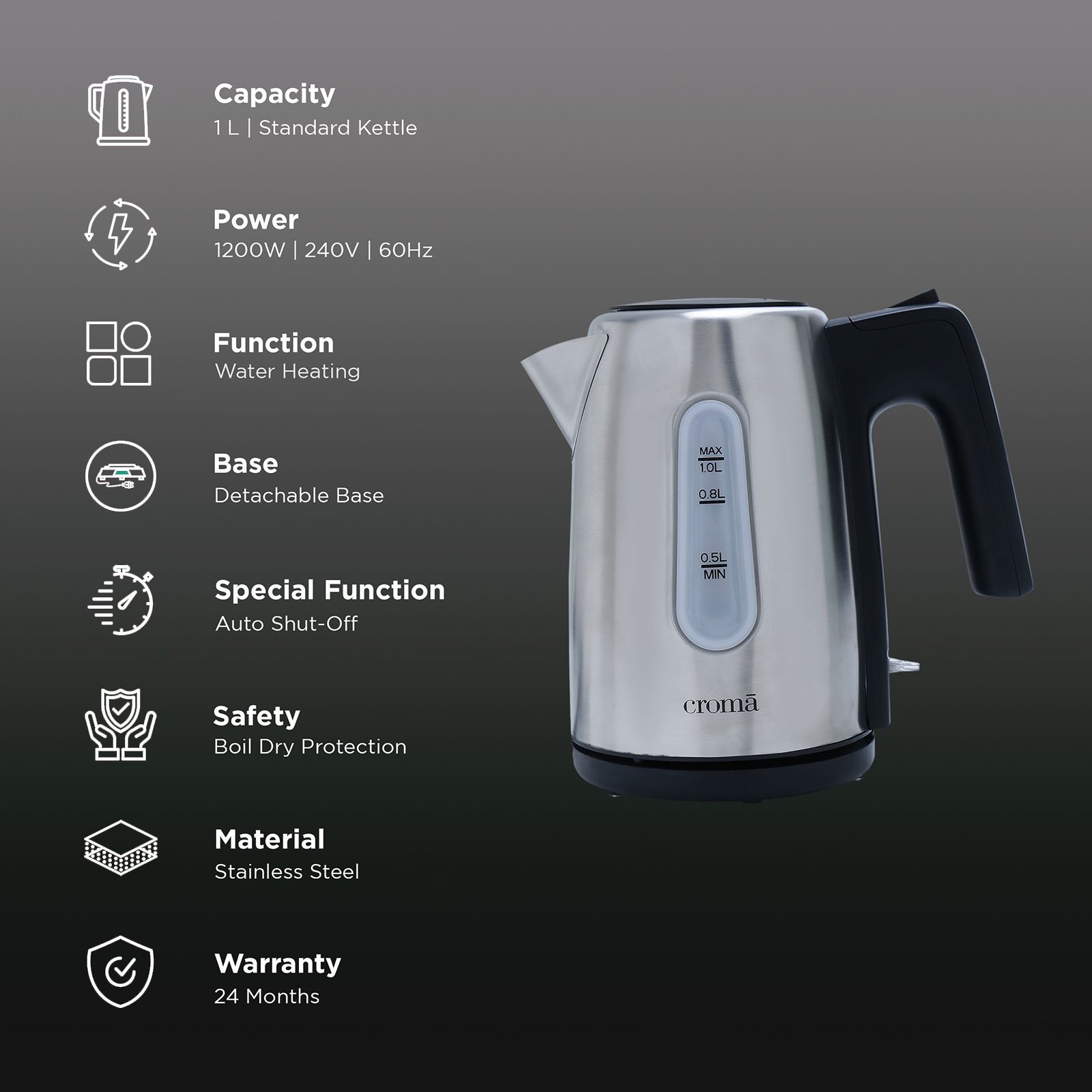 Croma 1200 Watt 1 Litre Electric Kettle with Auto Shut Off (Black)_3