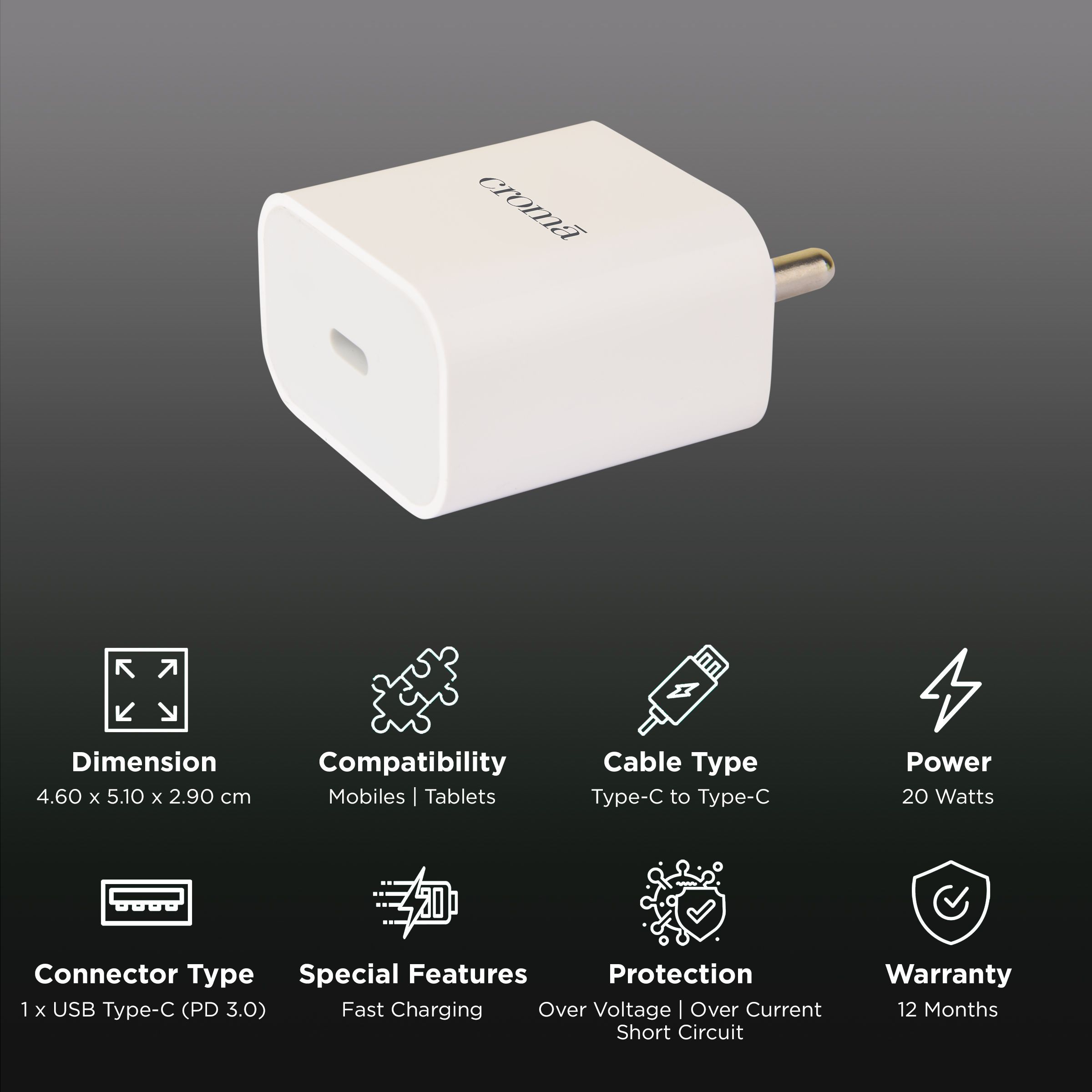 Croma 2W Type C Fast Charger (Type C to Type C Cable, Short-Circuit Protection, White)_2