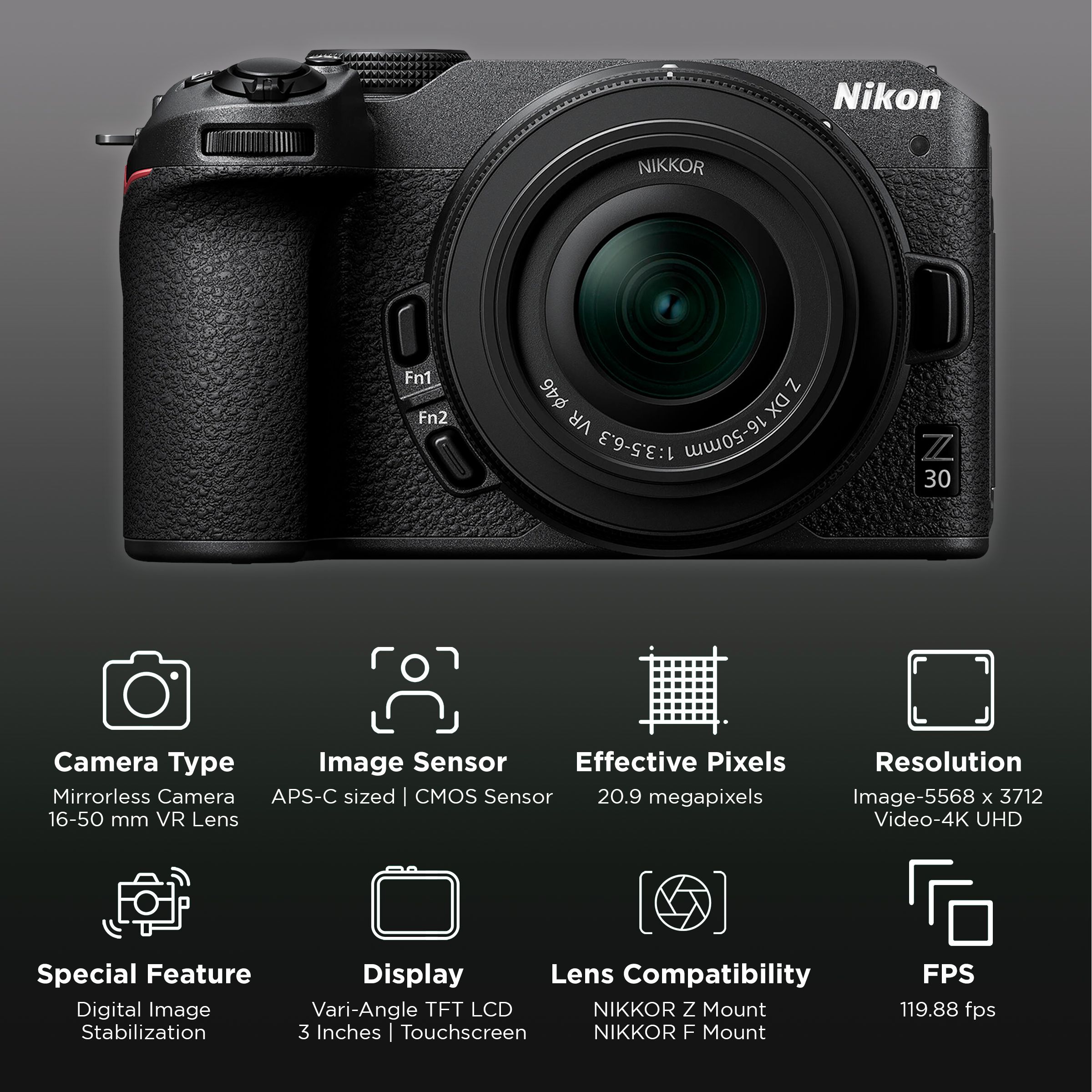 Nikon Z 30 20.9MP Mirrorless Camera (16-50 mm Lens, 23.5 x 15.7 mm Sensor, Dual Microphones) Nikon Z 30 20.9MP Mirrorless Camera (16-50 mm Lens, 23.5 x 15.7 mm Sensor, Dual Microphones)_2