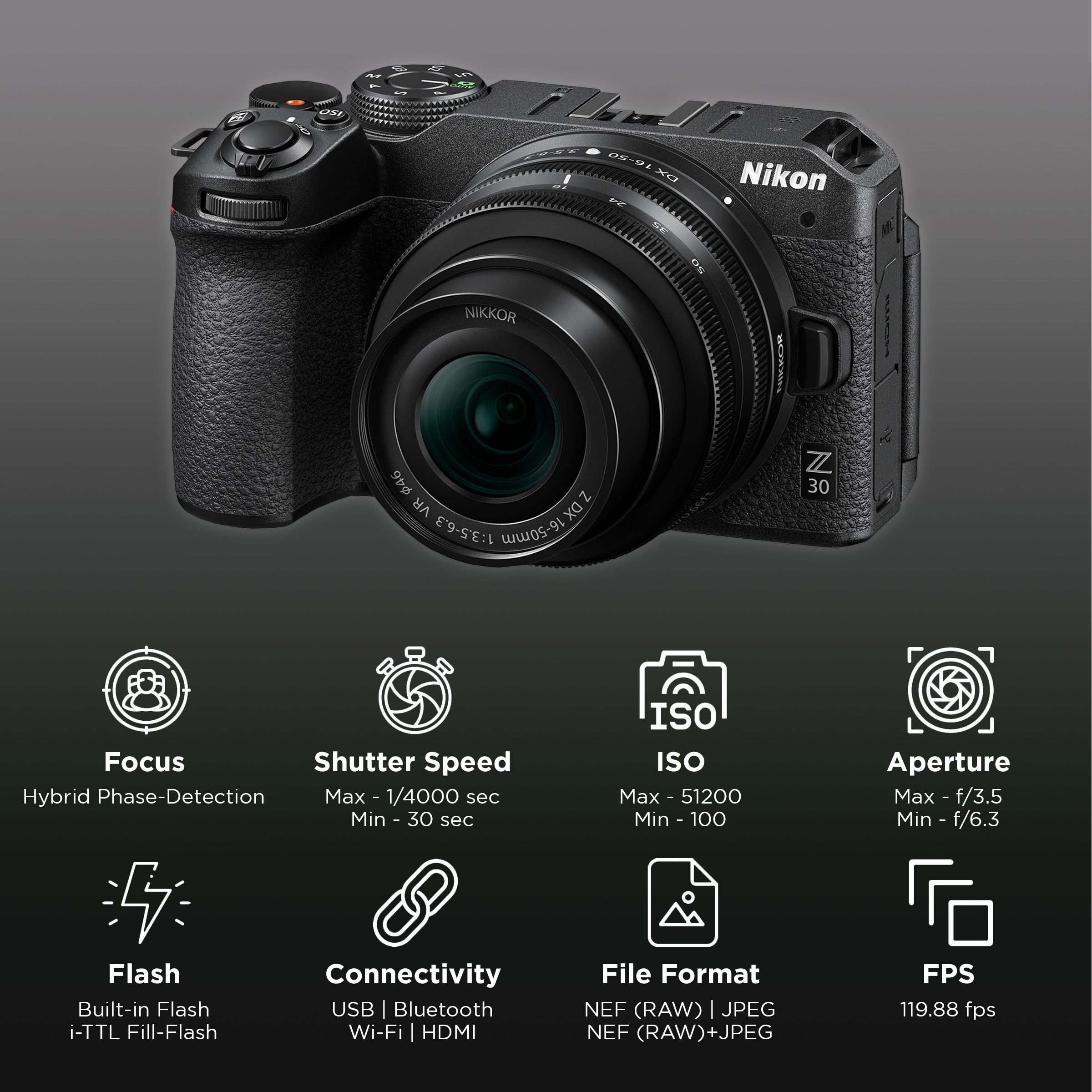 Nikon Z 30 20.9MP Mirrorless Camera (16-50 mm Lens, 23.5 x 15.7 mm Sensor, Dual Microphones) Nikon Z 30 20.9MP Mirrorless Camera (16-50 mm Lens, 23.5 x 15.7 mm Sensor, Dual Microphones)_3
