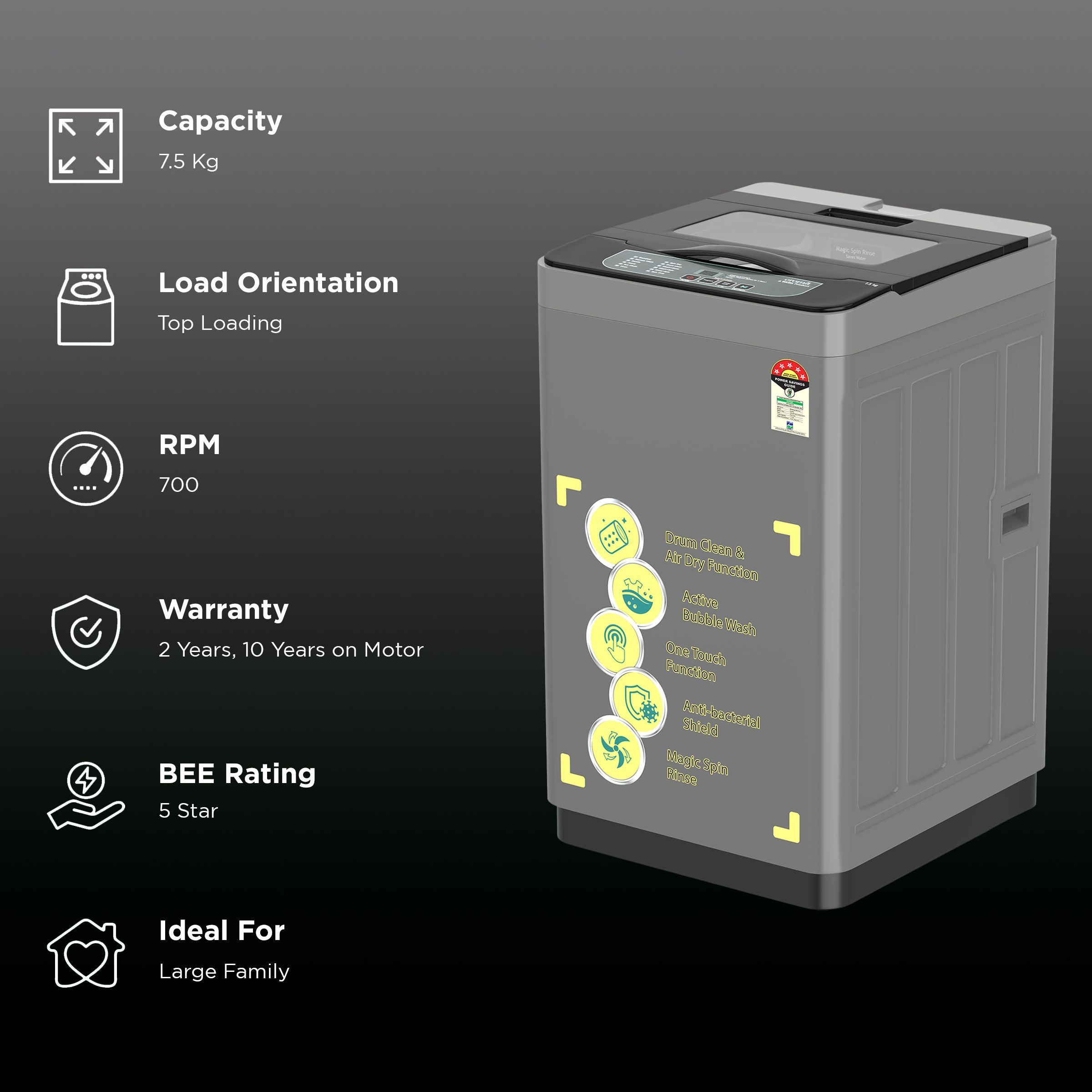Croma 7.5 Kg 5 Star Fully Automatic Top Load Washing Machine ( Anti-Bacterial Shield, Dark Grey)_2