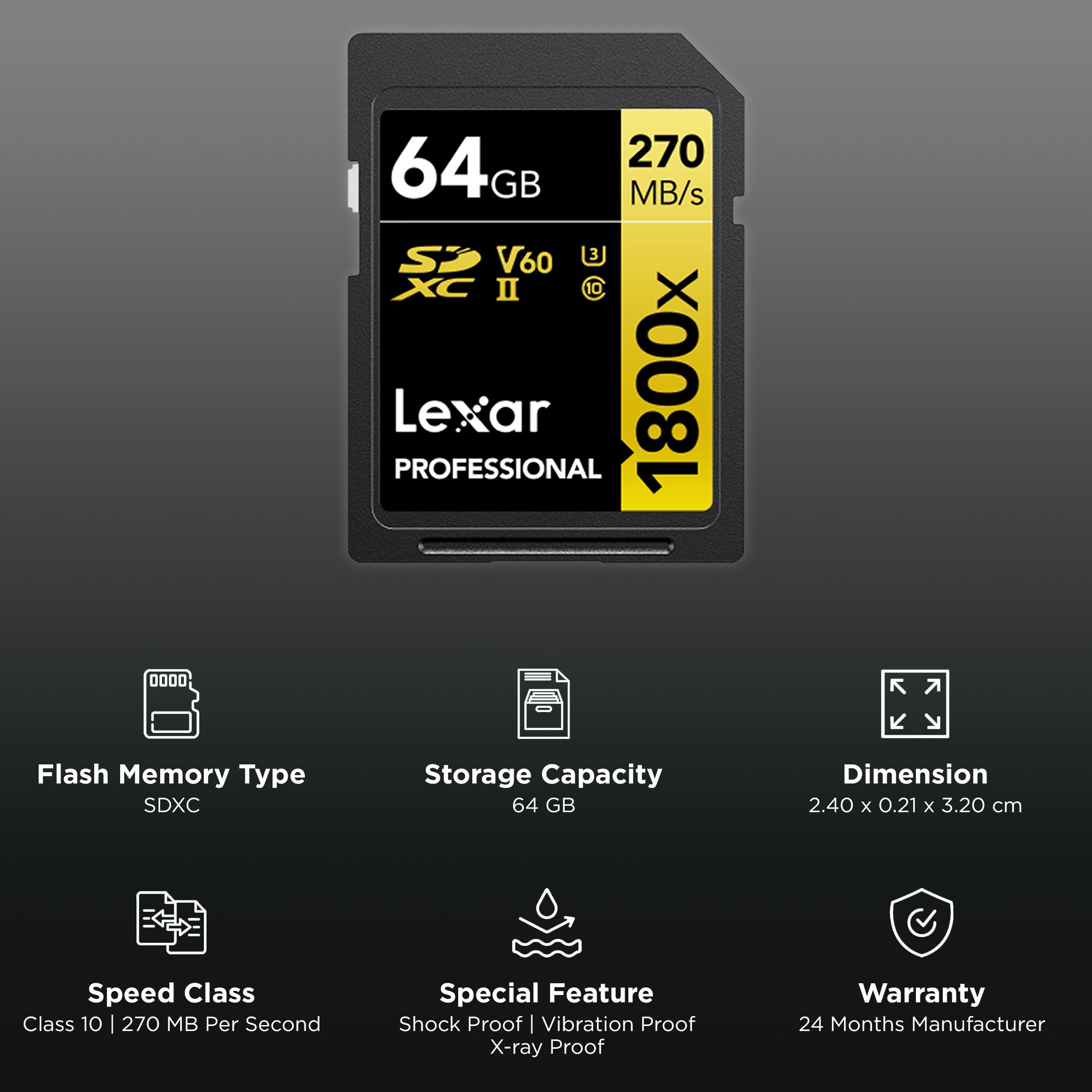 Lexar Professional 1800x GOLD Series SDXC 64GB Class 60, Class 10, Class 3 280MB/s Memory Card_3