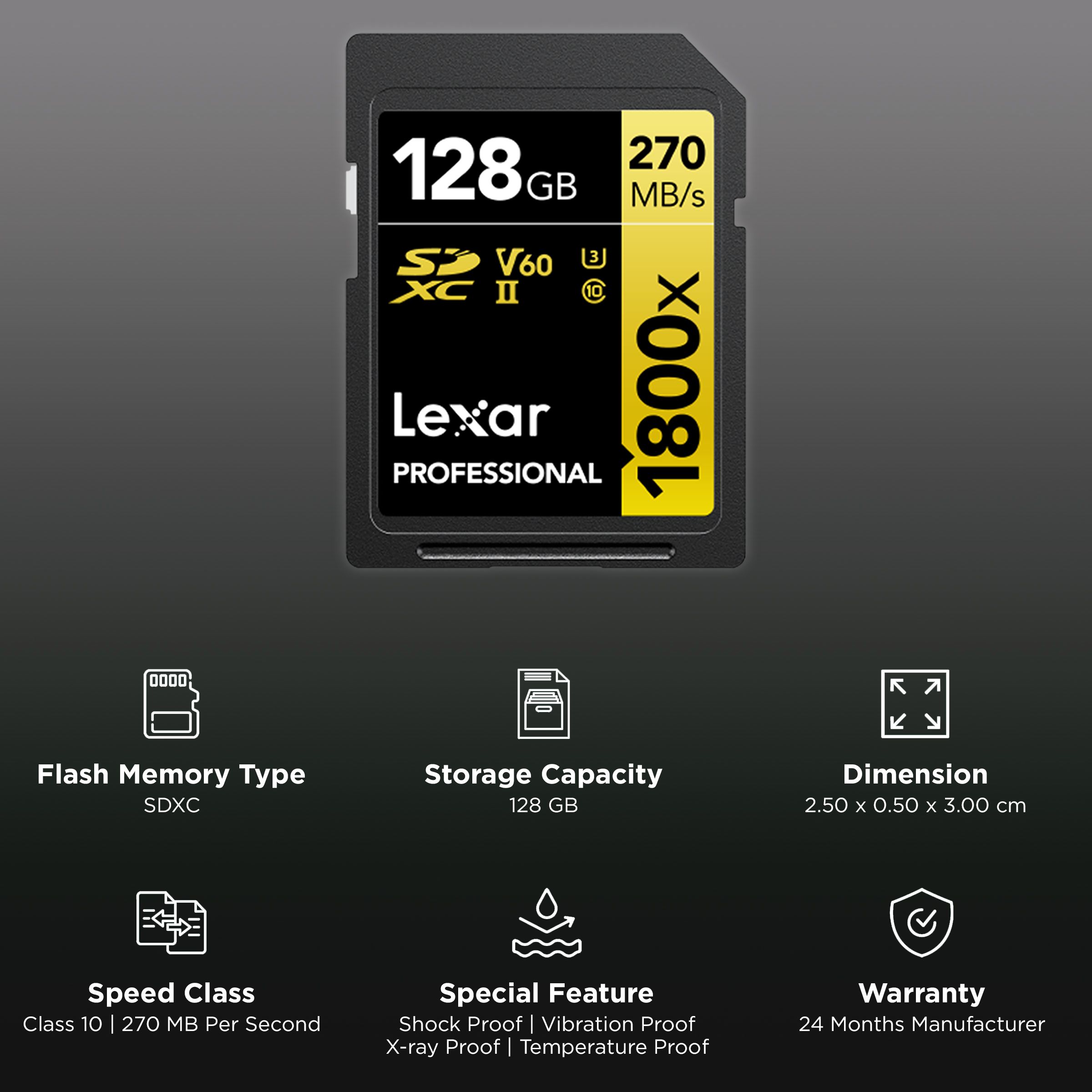Lexar Professional 1800x GOLD Series SDXC 128GB Class 60, Class 10, Class 3 280MB/s Memory Card_3