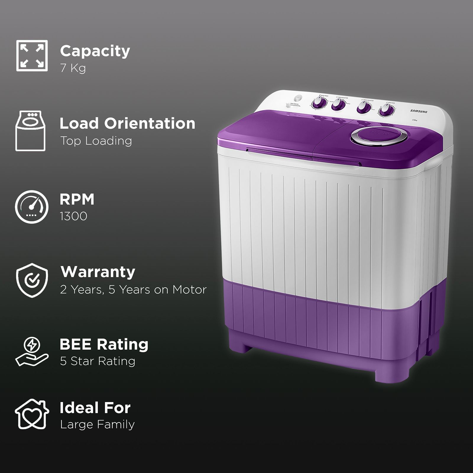 SAMSUNG 7 kg 5 Star Semi Automatic Washing Machine with Double Strong Pulsator (WT70M3000UU/TL, Light Gray & Voilet)_2