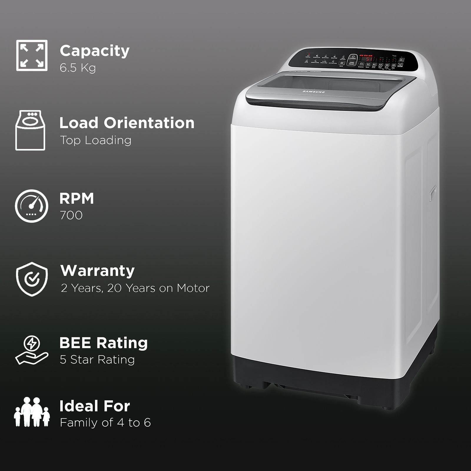SAMSUNG 6.5 kg 5 Star Inverter Fully Automatic Top Load Washing Machine (WA65T4262GG/TL, Diamond Drum, Gray)_2