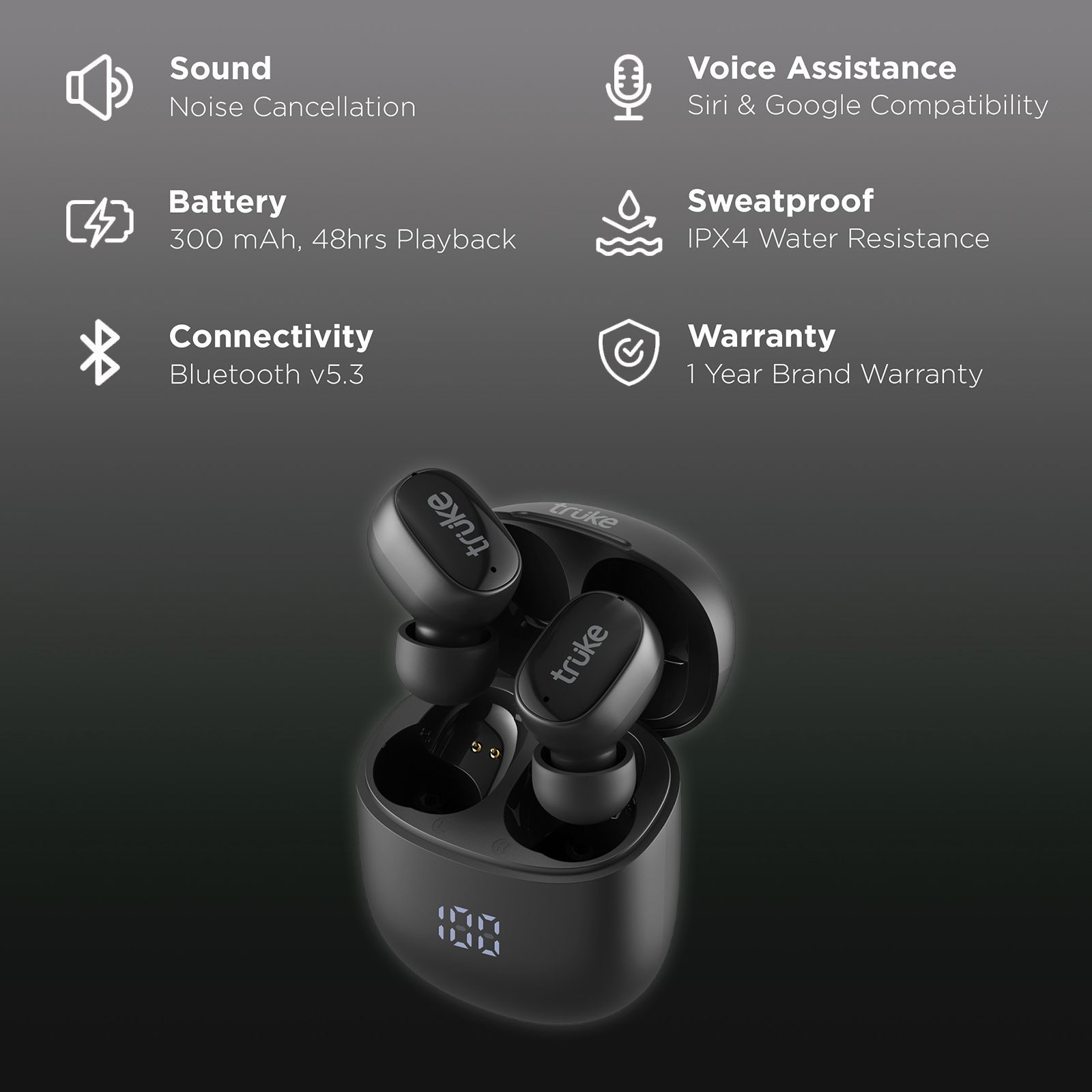 truke Buds F1 B130 TWS Earbuds with Environmental Noise Cancellation (IPX4 Sweat & Water Resistant, 48 Hours Playback, Black)_2