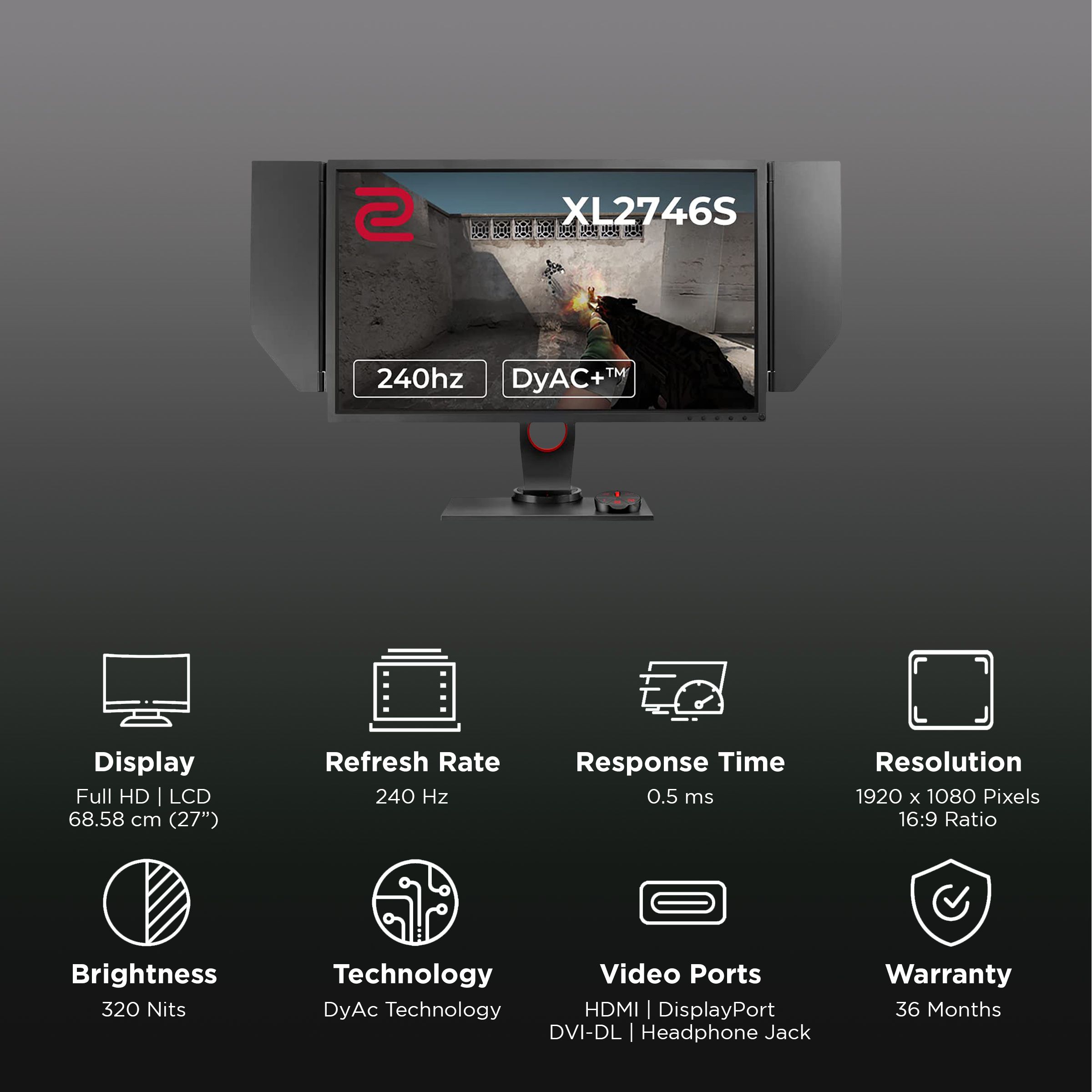 BenQ ZOWIE 68.58 cm (27 inch) Full HD TN Panel LCD Height Adjustable Gaming Monitor with Black eQualizer Technology_3