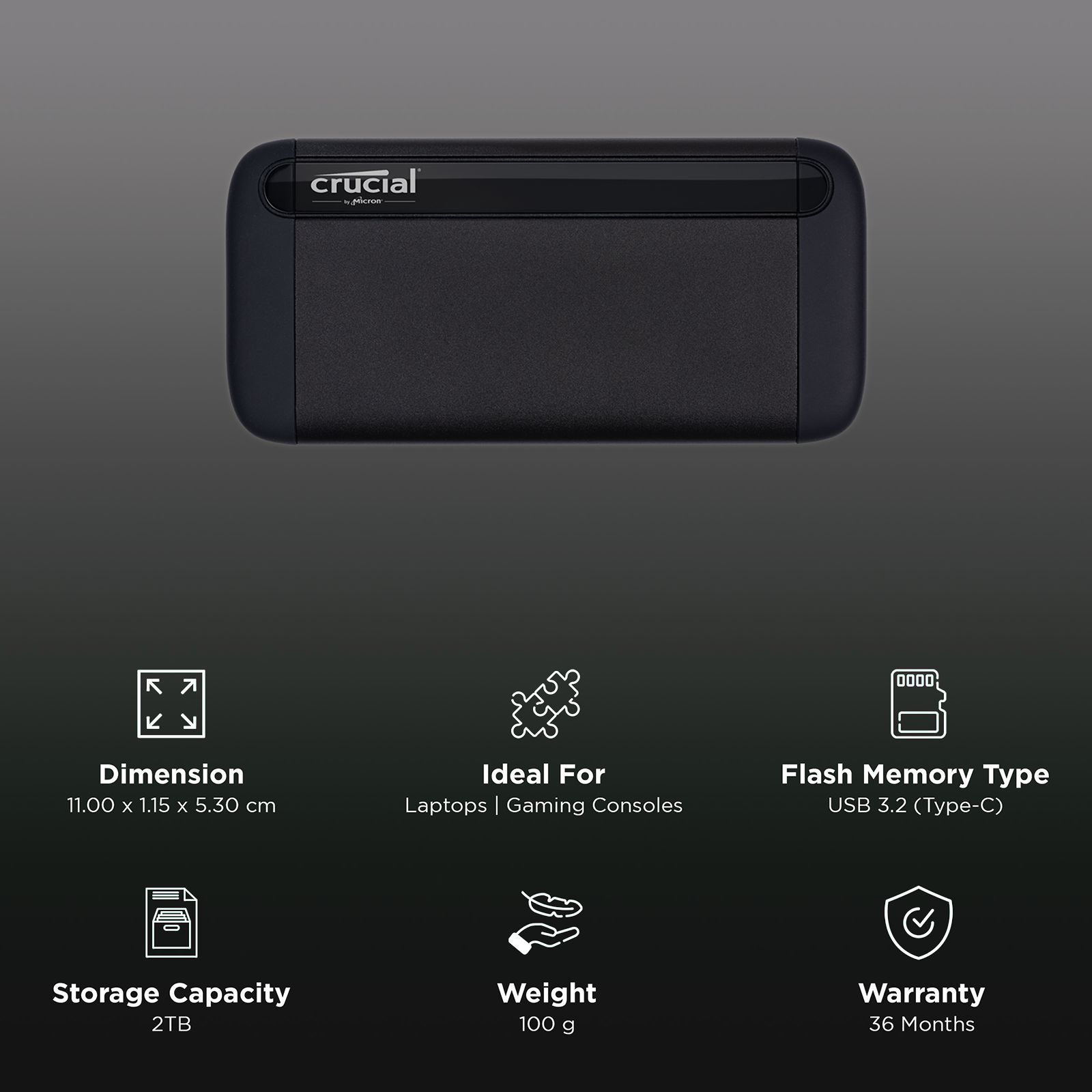 Crucial X8 2TB USB-C (3.2) Portable Solid State Drive (Shock & Vibration Resistant, Black)_3