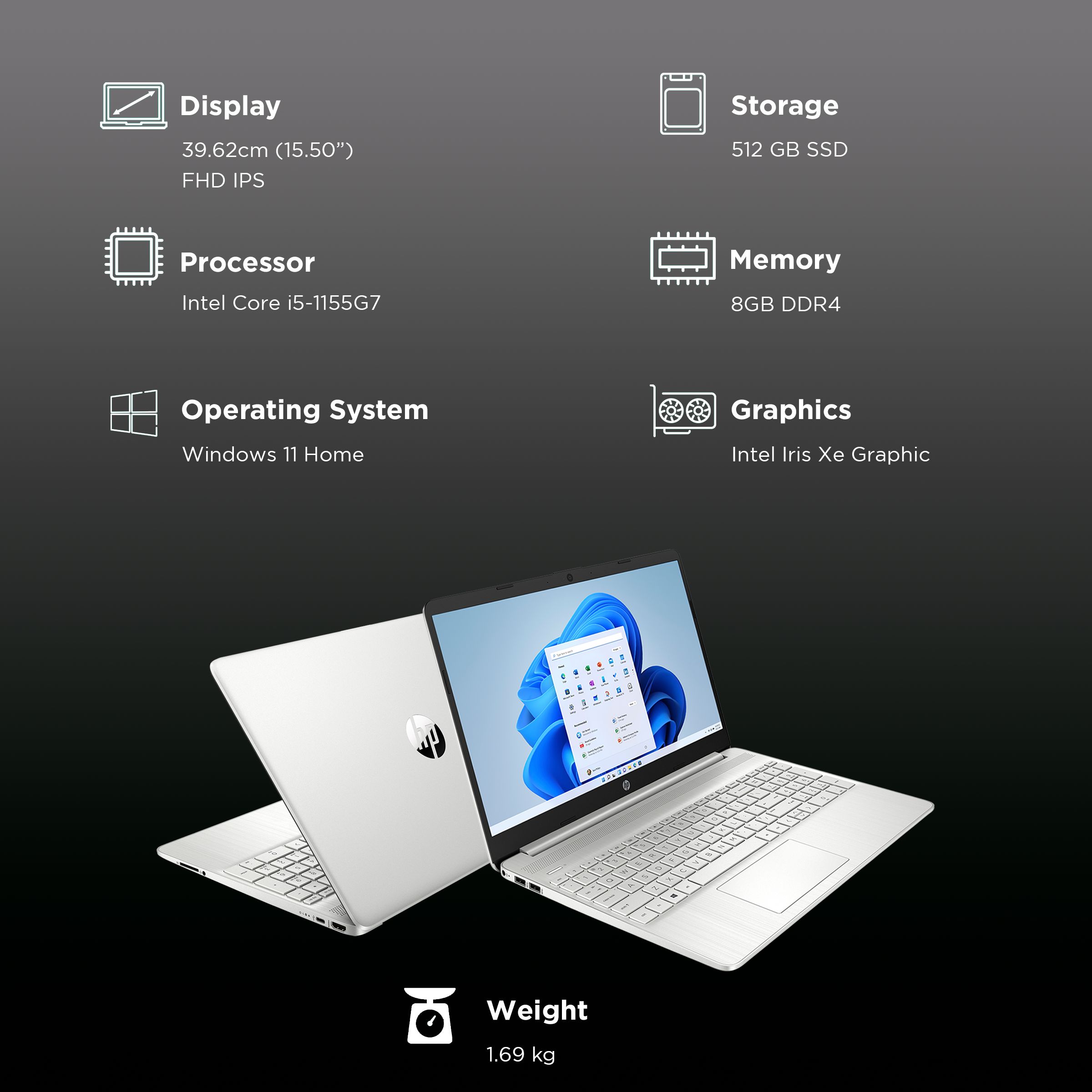 HP Intel FR5007TU Core i5 12th Gen Thin and Light Laptop (8GB, 512GB, Windows 11 Home, 15.6 inch Full HD IPS Display, MS Office Home and Student 2021, Silver, 1.69 KG)_3