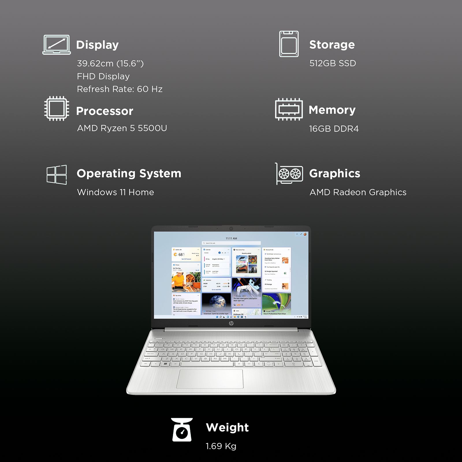 HP 15s-eq2182AU AMD Ryzen 5 Laptop (16GB, 512GB SSD, Windows 11 Home, 15.6 inch Full HD Display, MS Office Home & Student 2021, Natural Silver, 1.69 KG)_3