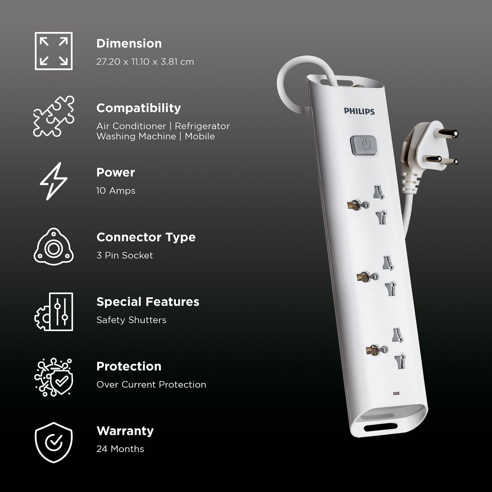 PHILIPS 10 Amps 3 Sockets Power Multiplier (1.2 Meters, Child Safety Shutter, CHP2432W/94, White)_2