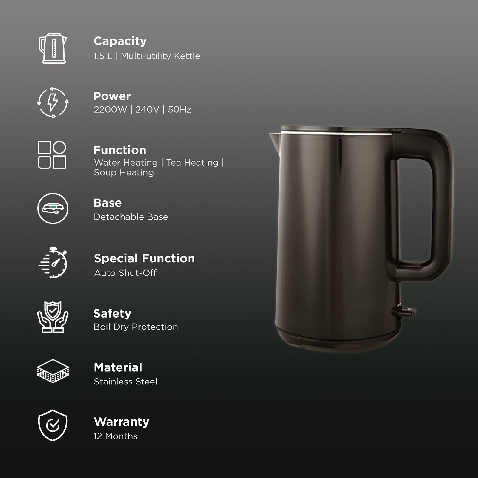 SHARP 2200 Watt 1.5 Litre Electric Kettle with Auto Shut Off (Black)_3