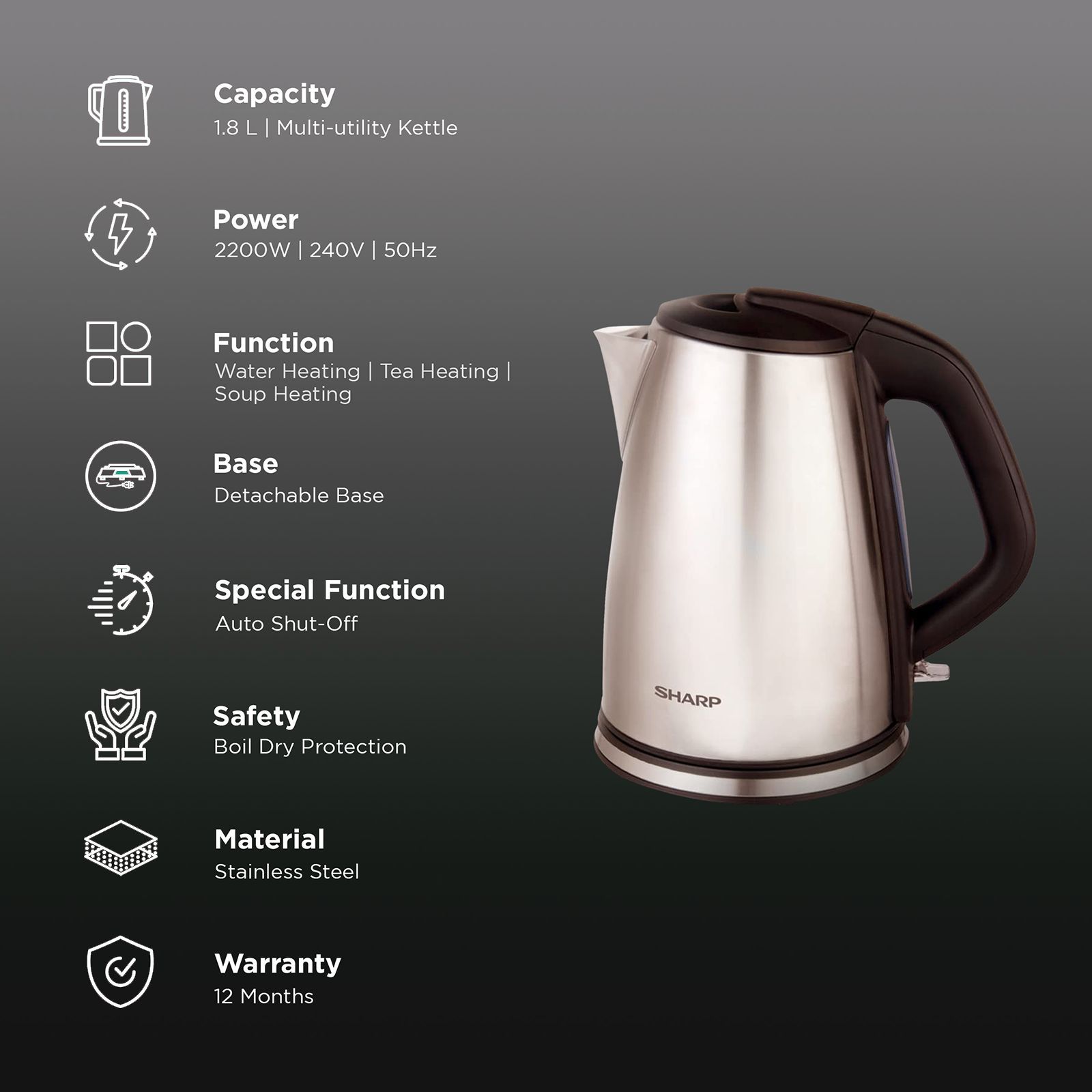 SHARP EKJ-18WN-S 2200 Watt 1.8 Litre Electric Kettle with Auto Shut Off (Silver)_3