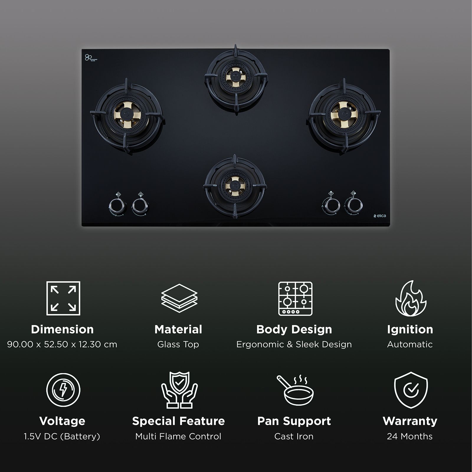 Elica DFS FB MFC 4B 91 DX Glass Top 4 Burner Automatic Hob (Round Enamelled Grid, Black)_3