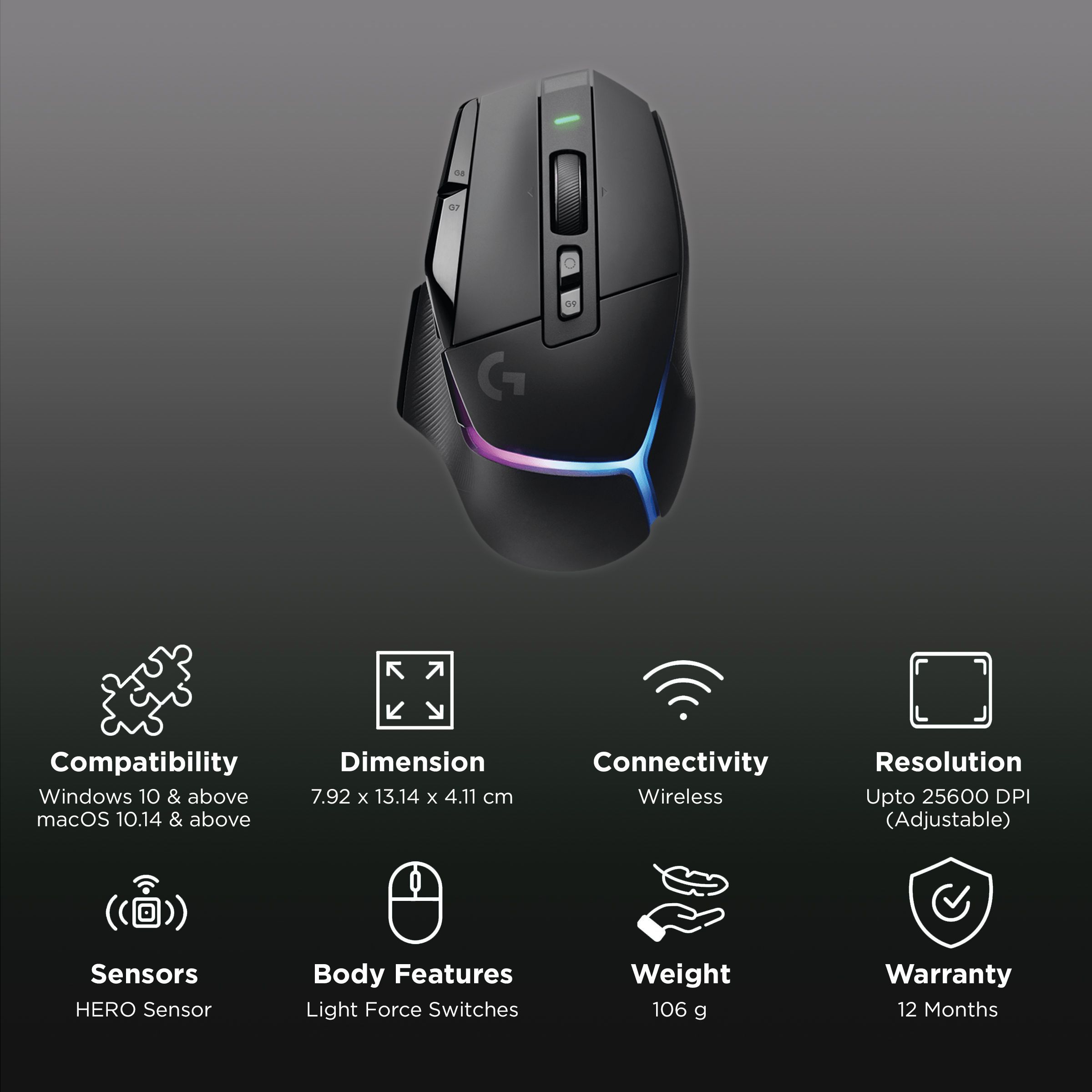 logitech G502 X Plus Rechargeable Wireless Optical Gaming Mouse (25600 DPI Adjustable, Dual-Mode Scroll Wheel, Black)_2
