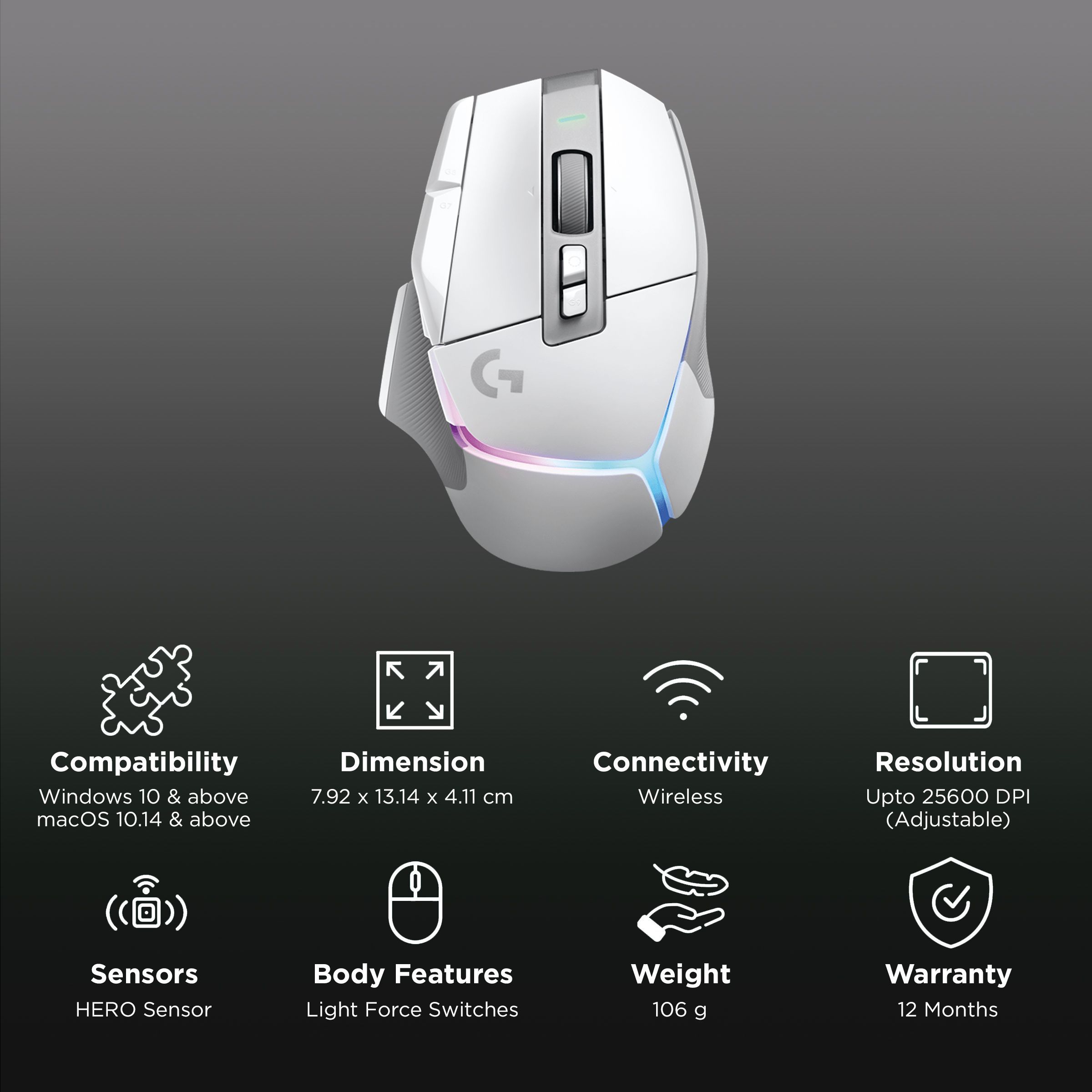 logitech G502 X Plus Rechargeable Wireless Optical Gaming Mouse (25600 DPI(Adjustable), Dual-Mode Scroll Wheel, White)_2
