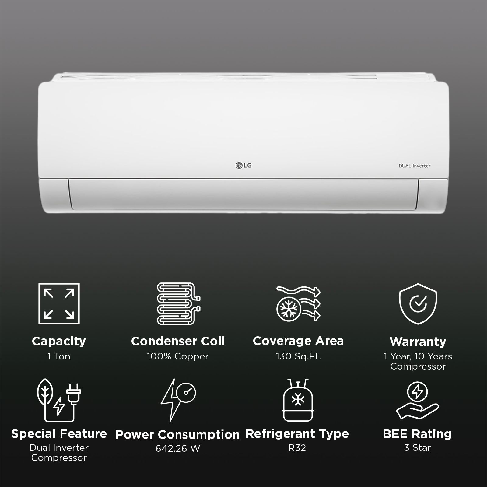 LG  5 in 1 Convertible 1 Ton 3 Star Dual Inverter Split AC with Anti-bacterial Filter (Copper Condenser, PS-Q12ENXA2)_2