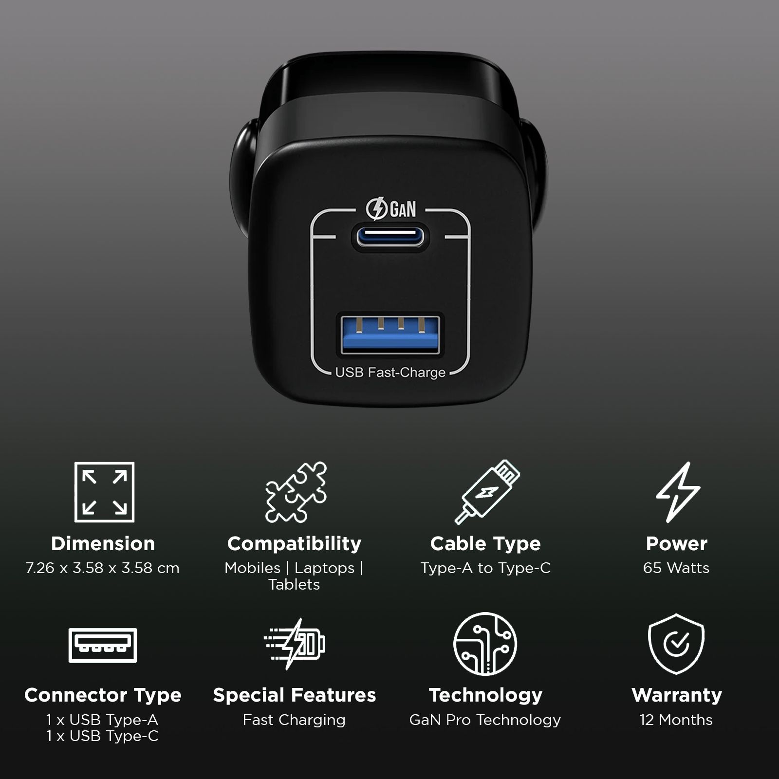 urbn Nano Bolt 65W Type A & Type C 2-Port Fast Charger (Adapter Only, GaN Pro Technology, Black)_2