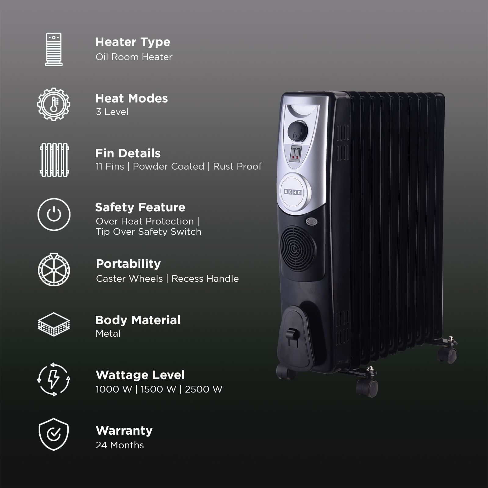 USHA 4211 F 2500W PTC Oil Filled Radiator Room Heater with IP23 Protection (Adjustable Thermostat_3