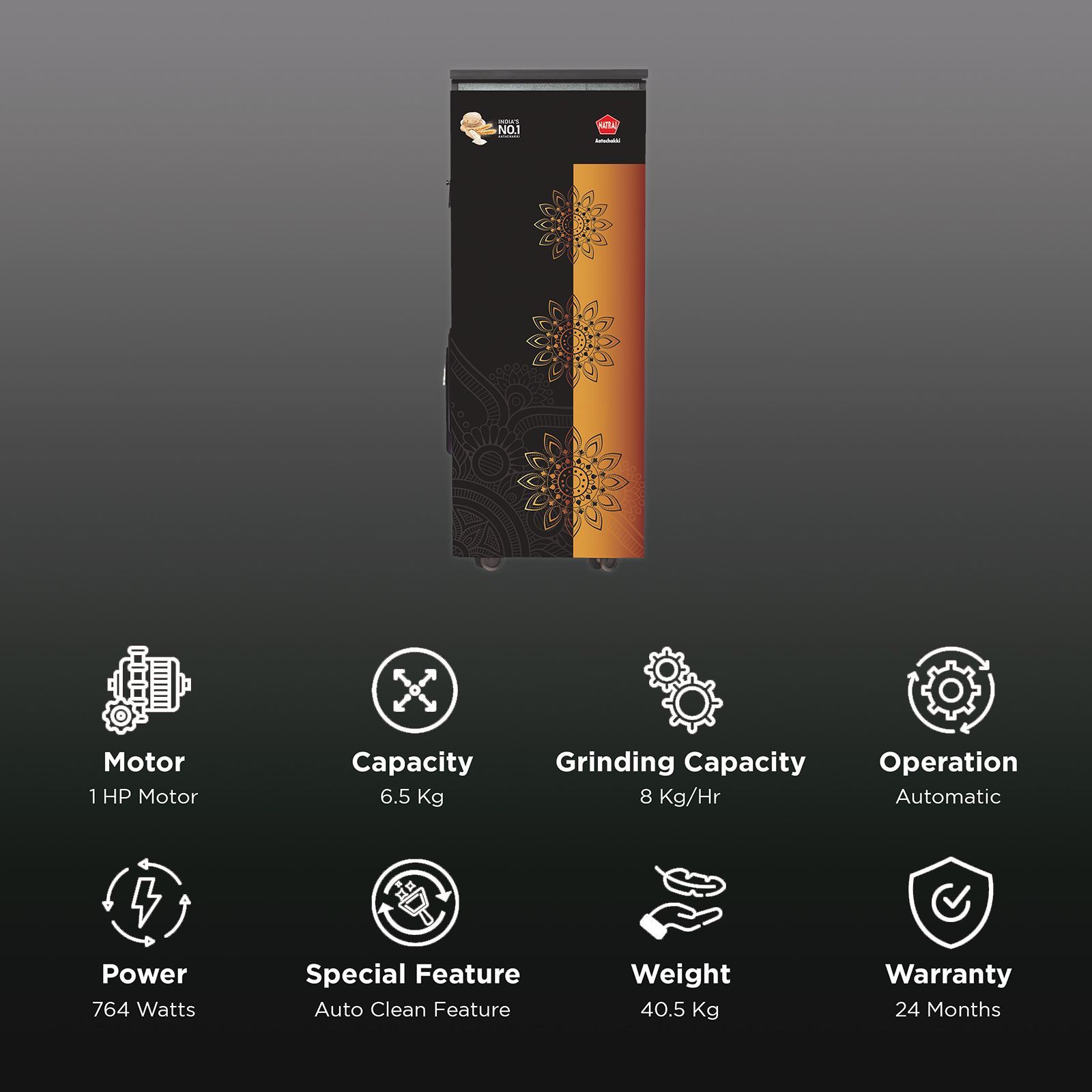 NATRAJ Premium Designer 746 Watts 6.5 kg Flour Mill Machine (Auto Start and Clean, VC-110, Black & Gold) NATRAJ Premium Designer 746 Watts 6.5 kg Flour Mill Machine (Auto Start and Clean, VC-110, Black & Gold)_2