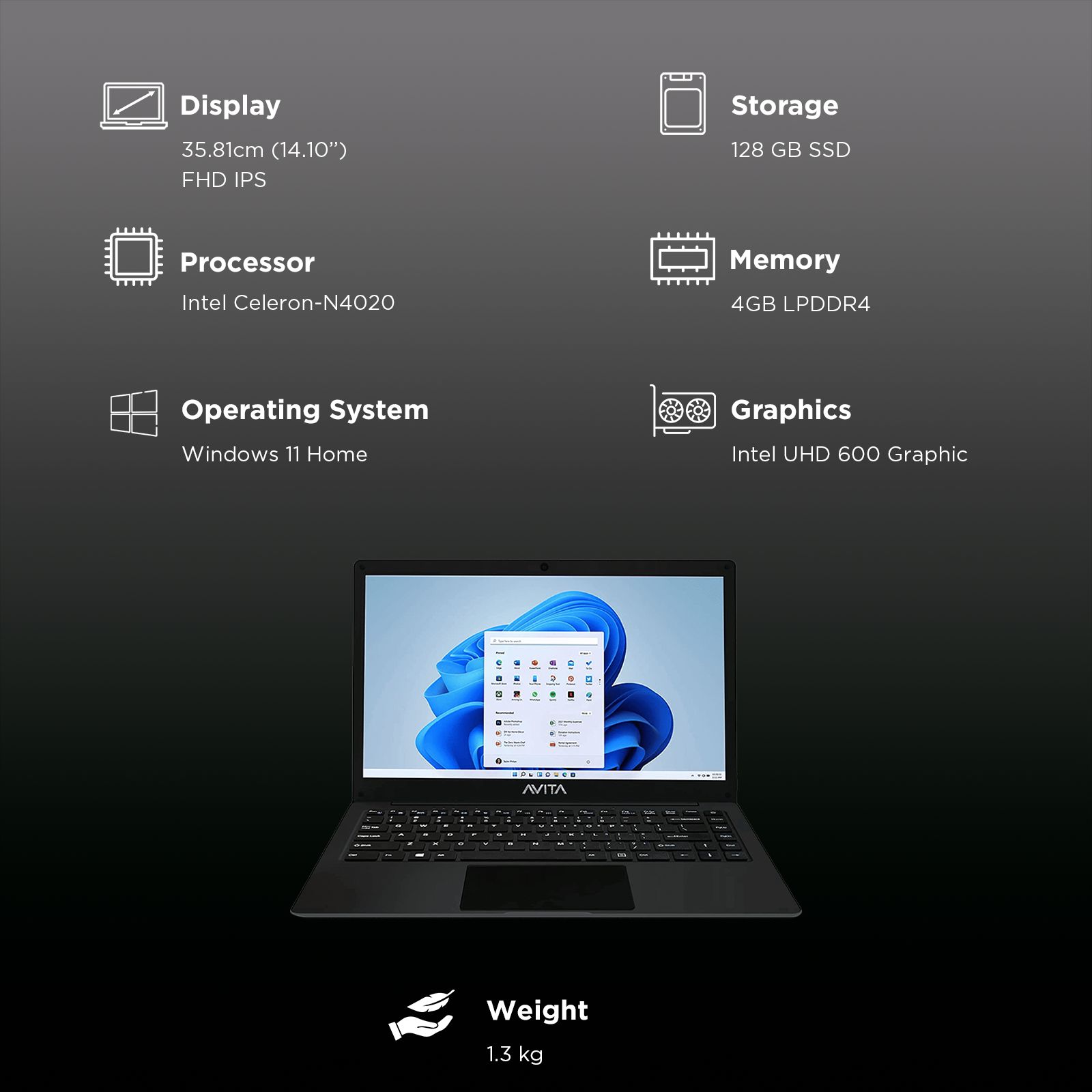 Avita Satus Ultimus S111 Intel Celeron 4th Gen (14.1 inch, 4GB, 128GB, Windows 11 Home, Intel UHD Graphics 600, Full HD IPS Display, Matt Black, NU14A1INC43PN-MB)_3