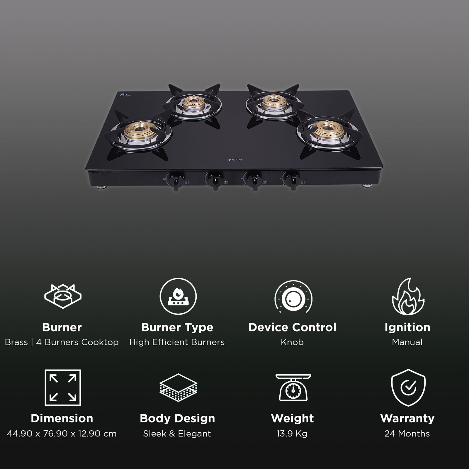 elica 774 CT VETRO 2J (DT SERIES) Glass Top 4 Burner Manual Gas Stove (Round Eurocoated Grids, Black)_3