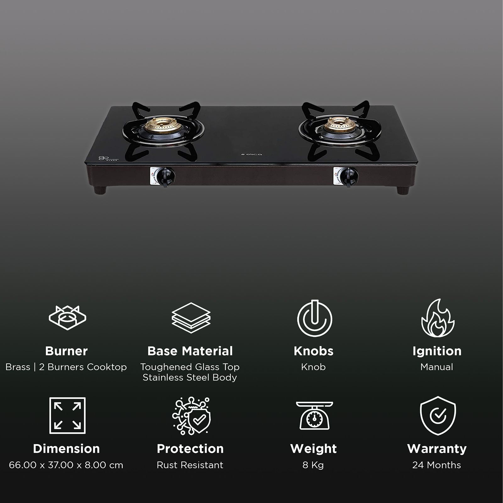 Elica 662 CT VETRO 1J Toughened Glass Top 2 Burner Manual Gas Stove (Round Euro Coated Grid, Black)_3
