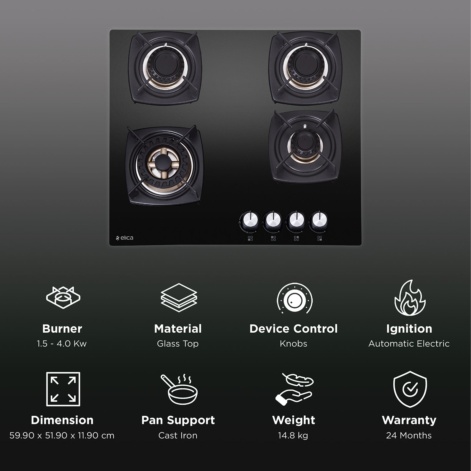 Elica DT FB MFC 4B 60 SWIRL Glass Top 4 Burner Automatic Electric Hob (Cast Iron Grid, Black)_3