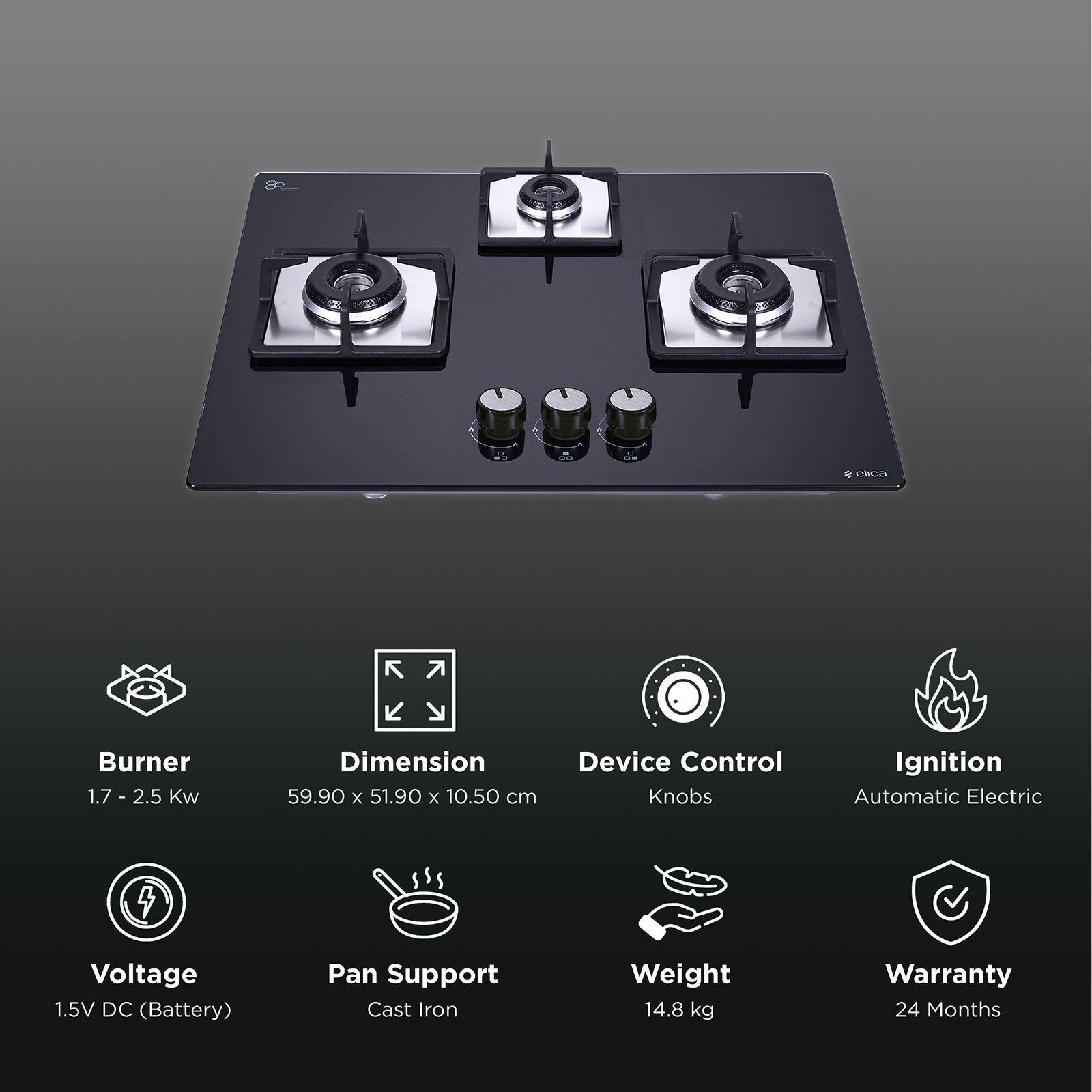 Elica FLEXI HCT 360 DX LOTUS BK 3 Burner Automatic Electric Hob (Cast Iron Grid, Black)_3