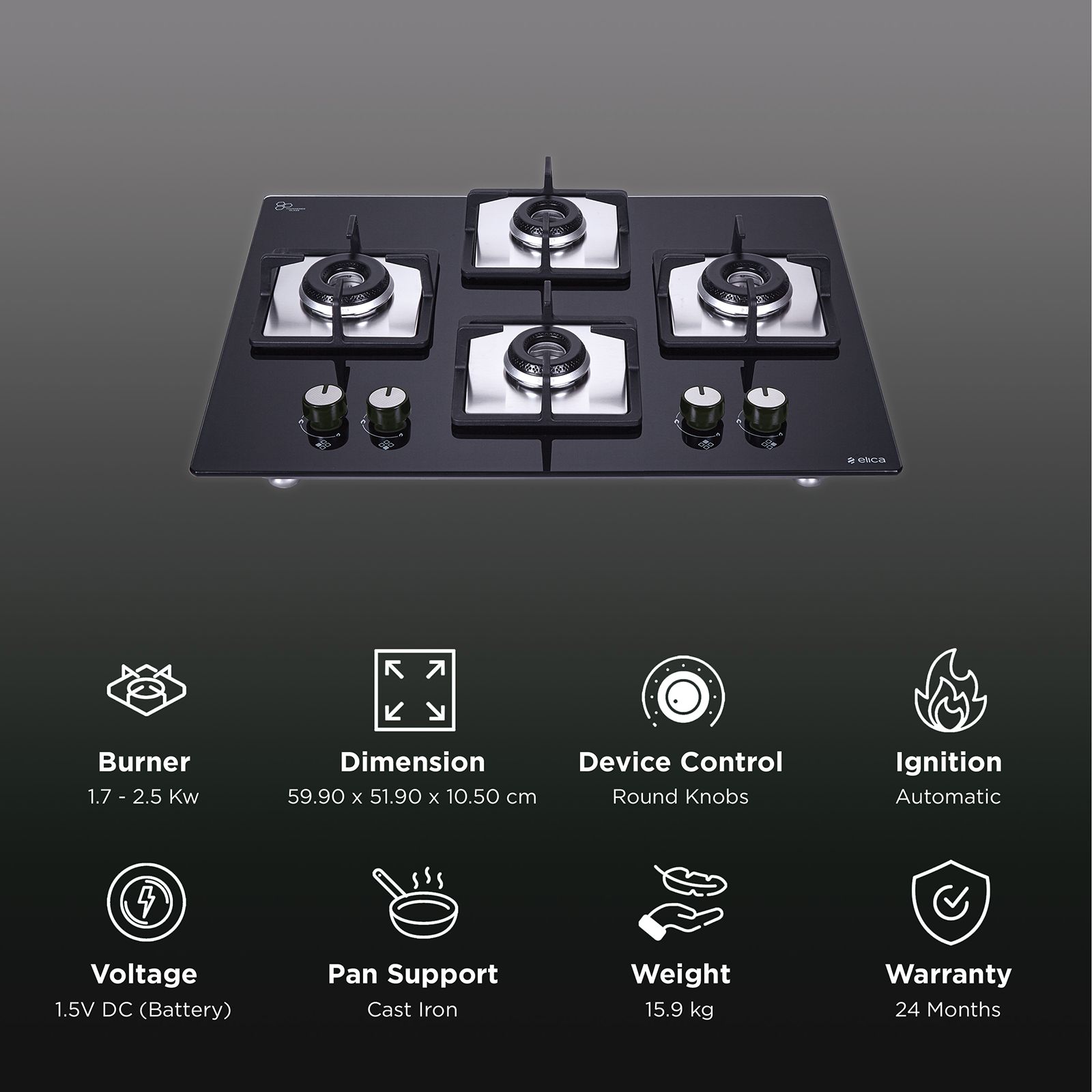 Elica FLEXI HCT 460 DX LOTUS BK 4 Burner Automatic Hob (Cast Iron Grid, Black)_3
