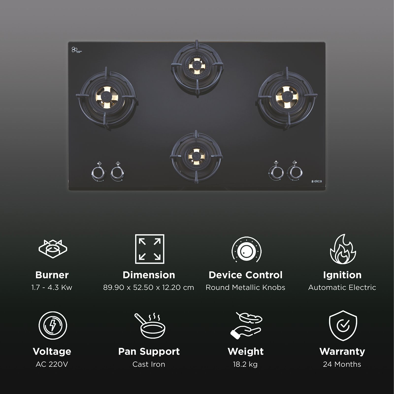 Elica DFS FB MFC 4B 91 4 Burner Automatic Electric Hob (Round Metallic Knob, Black)_3
