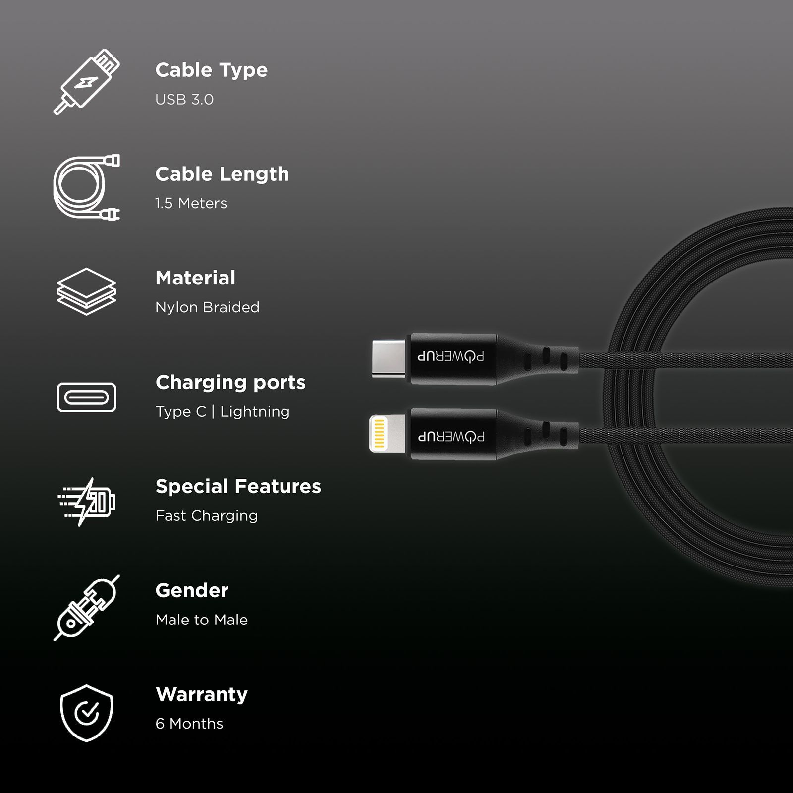 POWERUP Type C to Lightning 4.92 Feet (1.5M) Cable (Fast Charge and Data Sync, Black) POWERUP Type C to Lightning 4.92 Feet (1.5M) Cable (Fast Charge and Data Sync, Black)_2