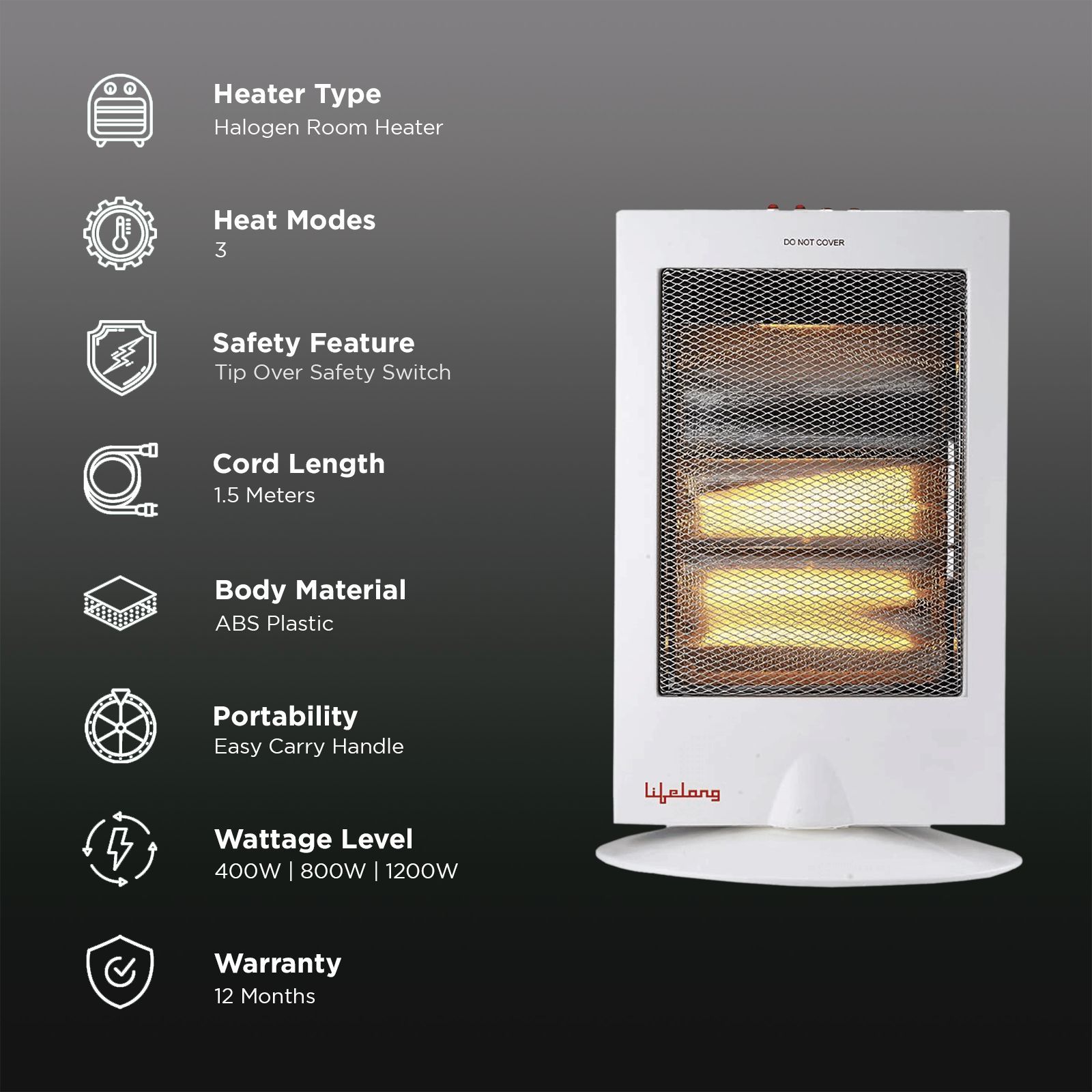 Lifelong Regalia Plus 1200W Halogen Room Heater with Oscillation Function (Front Grill Safety_3