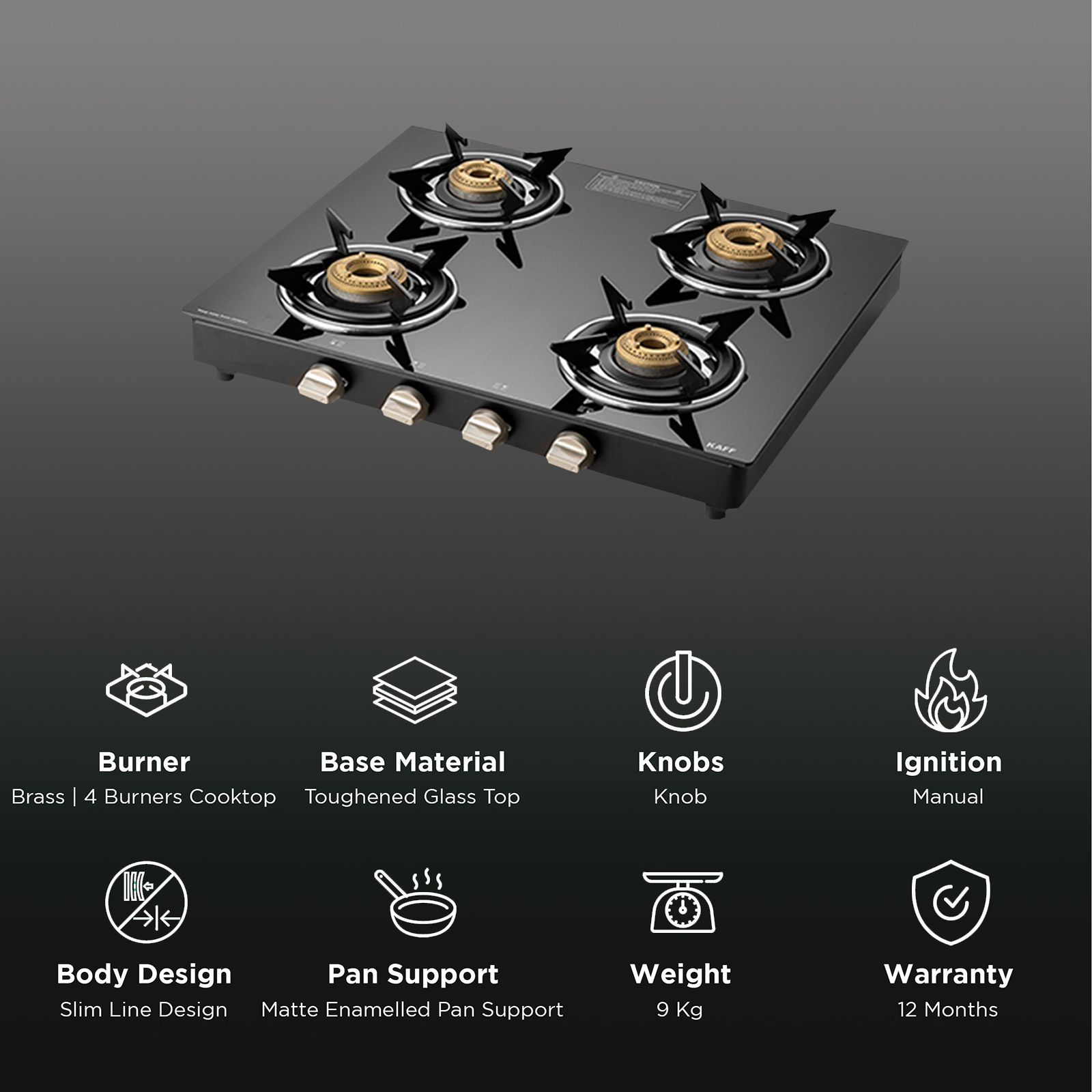 KAFF CTE584B Toughened Glass Top 4 Burner Manual Gas Stove (Matte Enamelled Pan Support, Black)_3