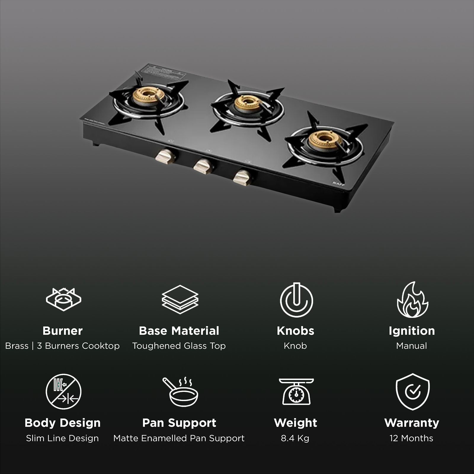 KAFF CTE713B Toughened Glass Top 3 Burner Manual Gas Stove (Matte Enamelled Pan Support, Black)_3