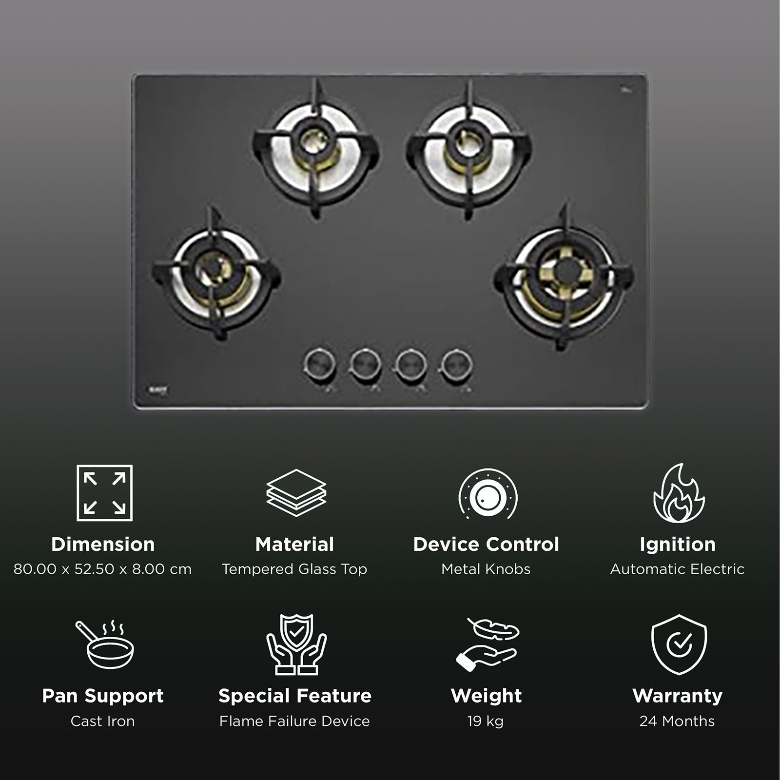 KAFF BLH 804 Tempered Glass Top 4 Burner Automatic Electric Hob (Flame Failure Device, Black)_3