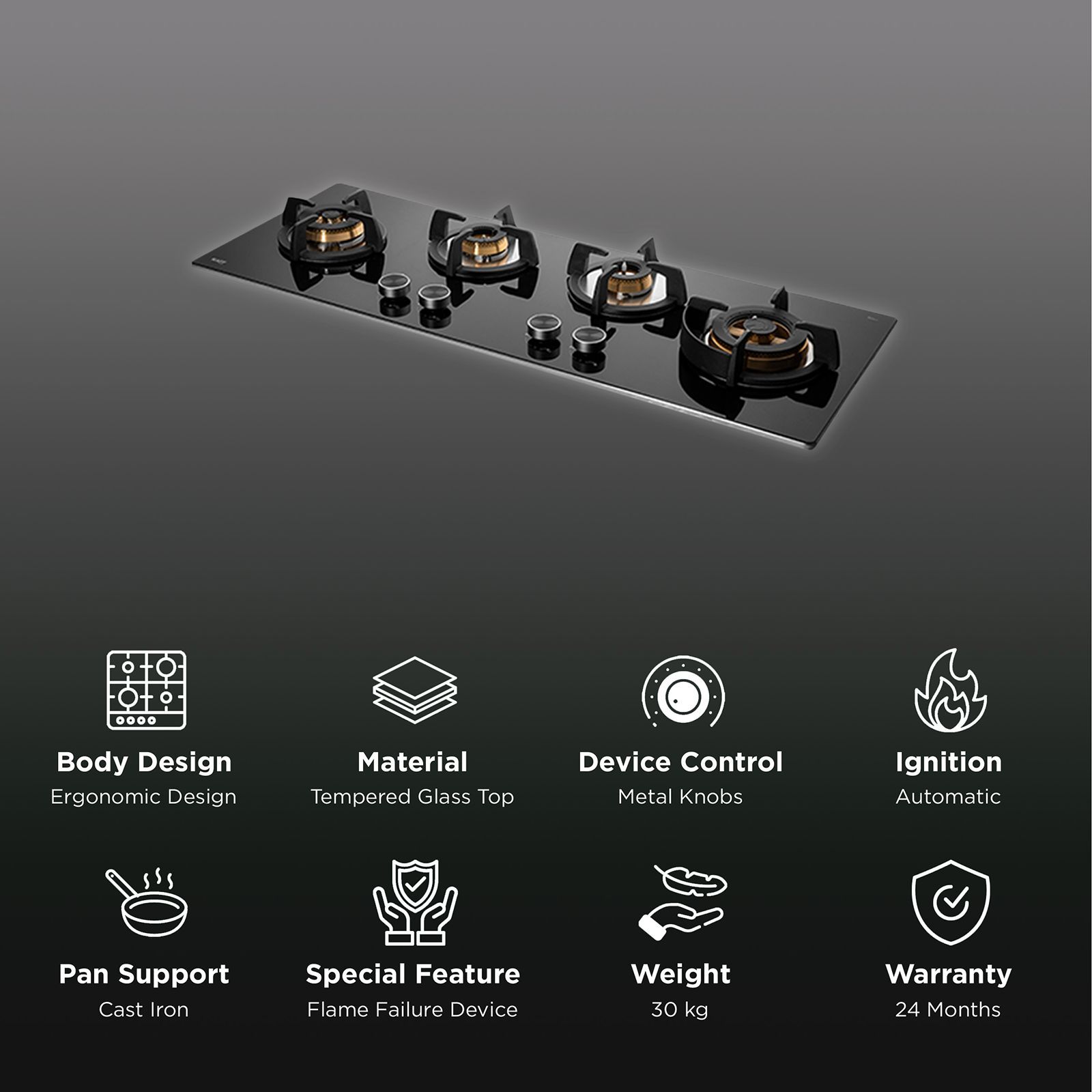 KAFF Bellini-F Tempered Glass Top 4 Burner Automatic Hob (Flame Failure Device, Black)_3