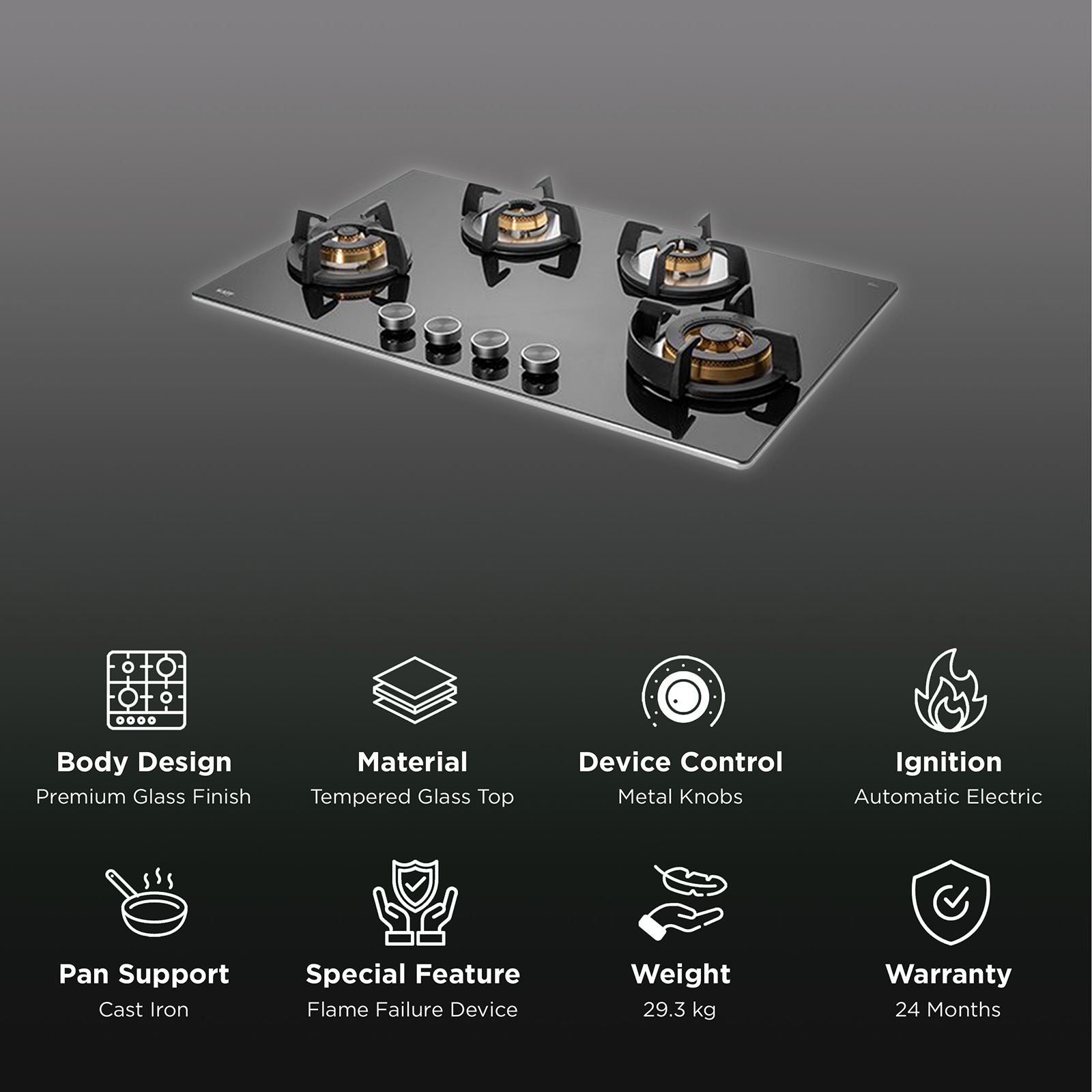 KAFF Bellini-F Tempered Glass Top 4 Burner Automatic Electric Hob (Flame Failure Device, Black)_3