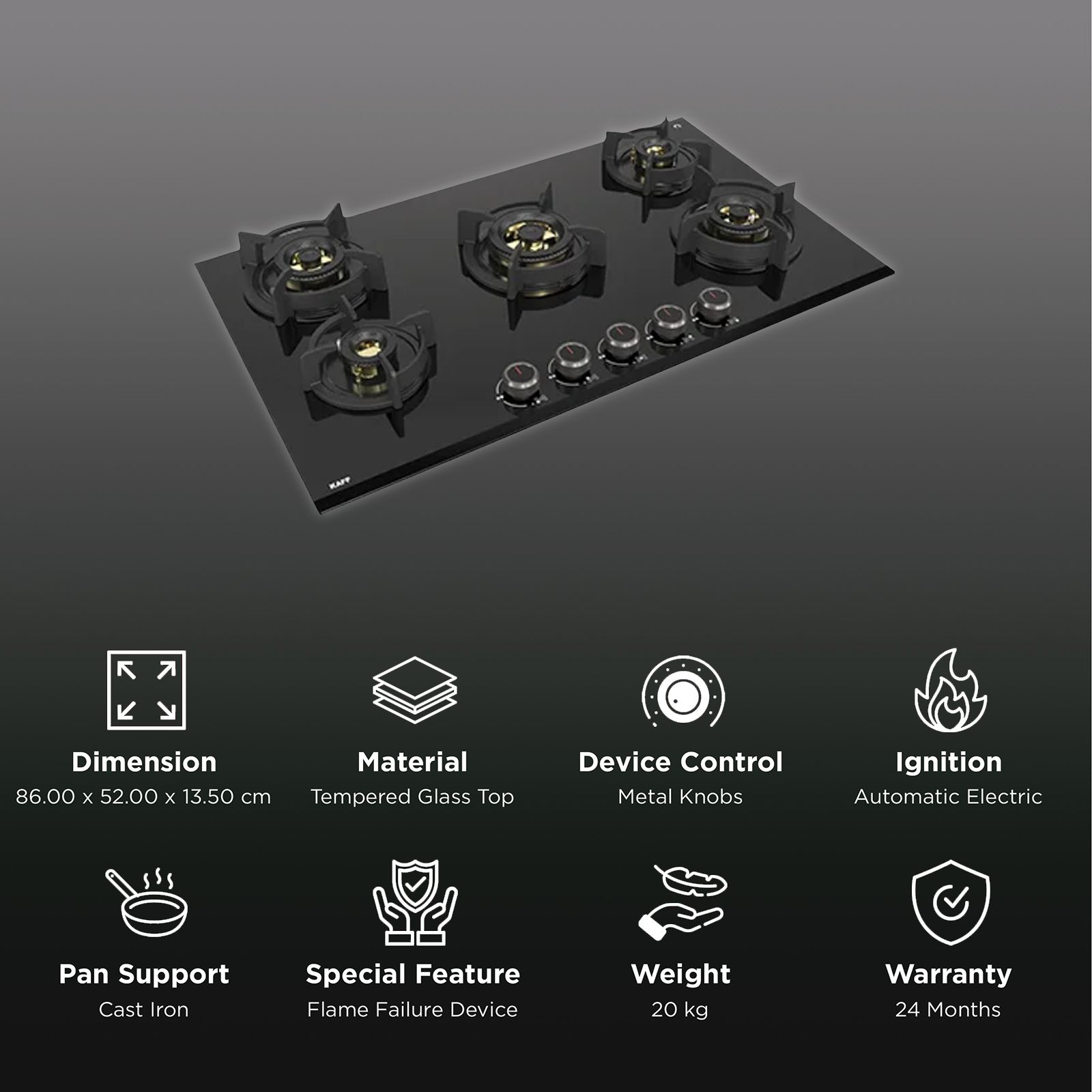 KAFF ASF 865 Tempered Glass Top 5 Burner Automatic Electric Hob (Flame Failure Device, Black)_3