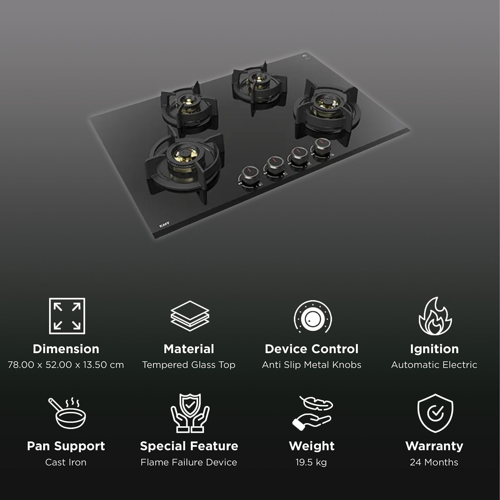 KAFF ASF 784 Tempered Glass Top 4 Burner Automatic Electric Hob (Flame Failure Device, Black)_3