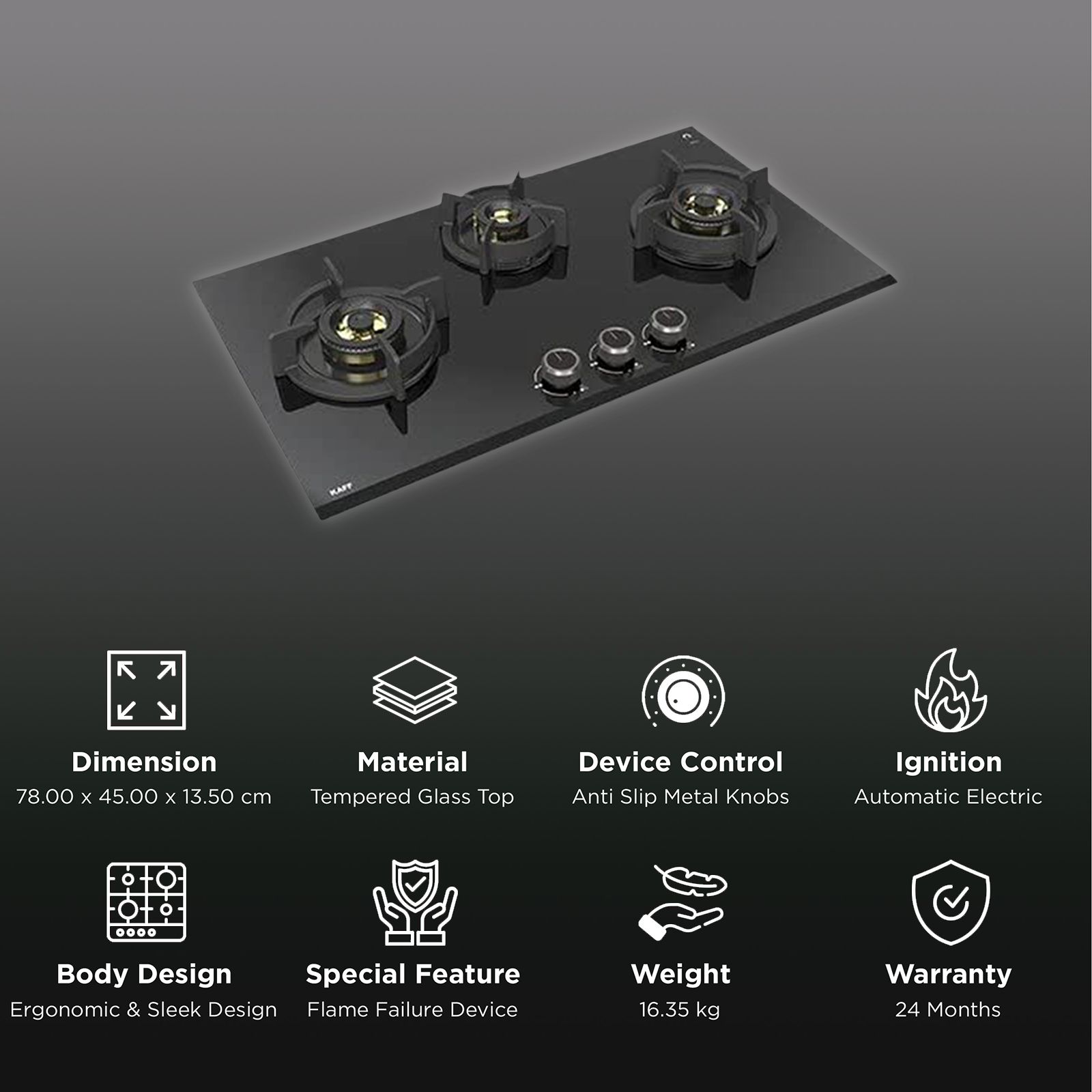 KAFF ASF 783 Tempered Glass Top 3 Burner Automatic Electric Hob (Flame Failure Device, Black)_3