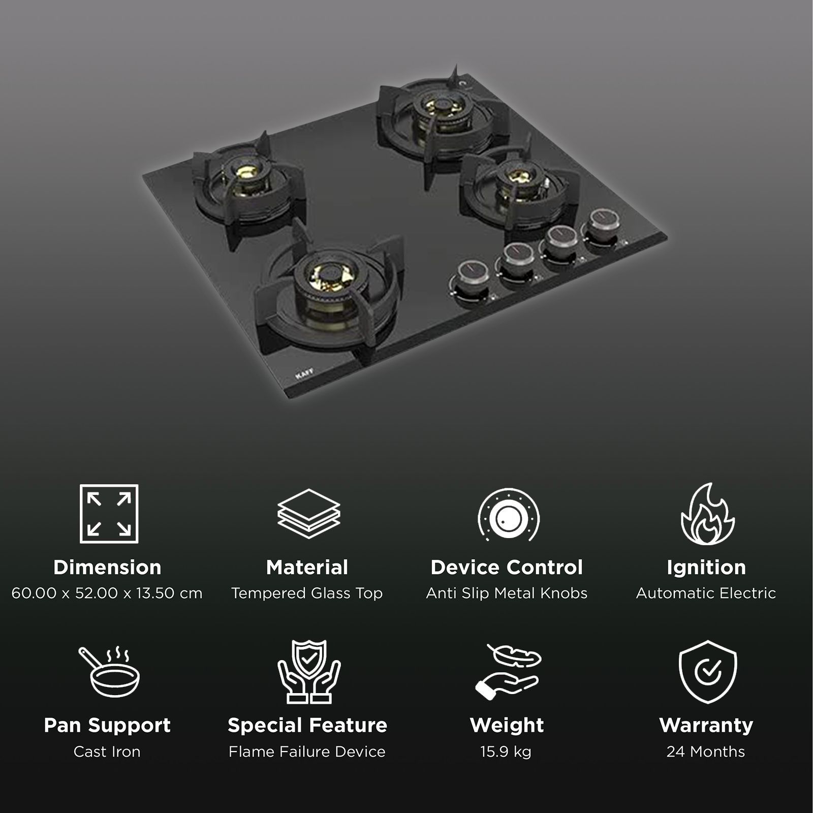 KAFF ASF 604 Tempered Glass Top 4 Burner Automatic Electric Hob (Flame Failure Device, Black)_3