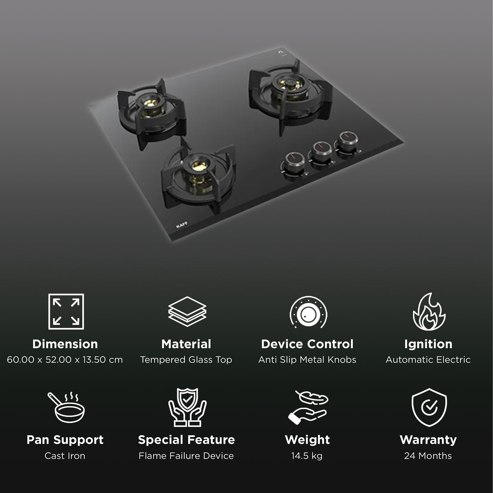KAFF ASF 603 Tempered Glass Top 3 Burner Automatic Electric Hob (Flame Failure Device, Black)_3
