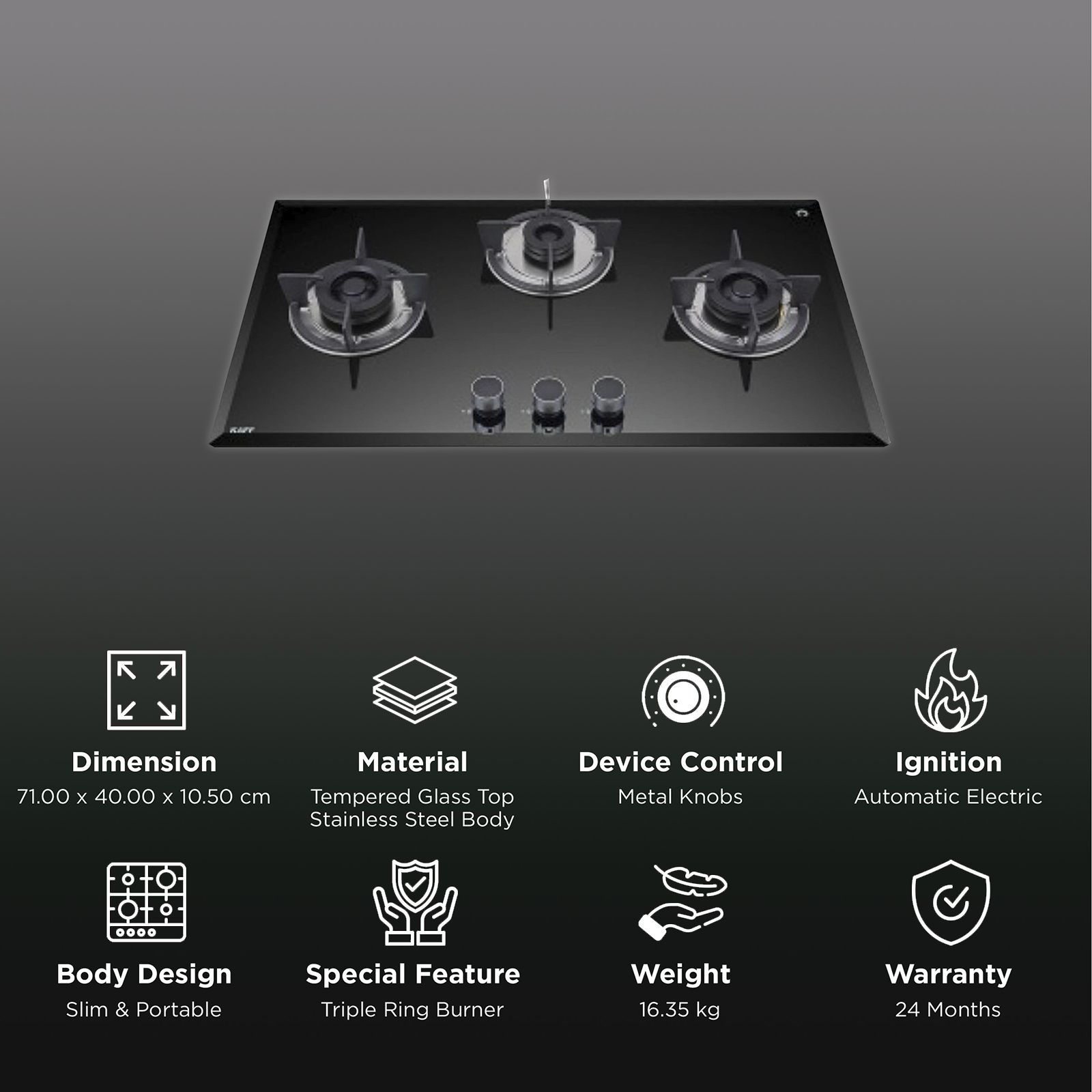 KAFF FBB 783 Tempered Glass Top 3 Burner Automatic Electric Hob (Enamelled Matt Finish Grills, Black)_3