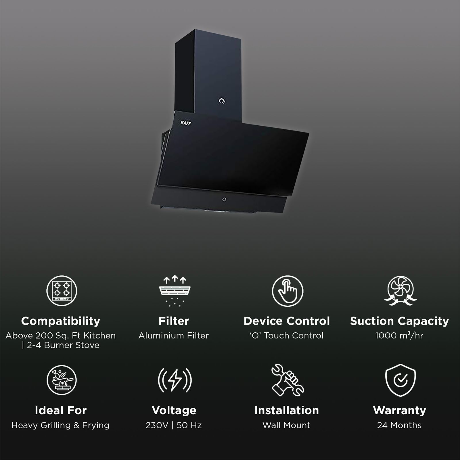 KAFF NOVA SV 60cm 1000m3/hr Ducted Wall Mounted Chimney with O Touch Control (Black)_3