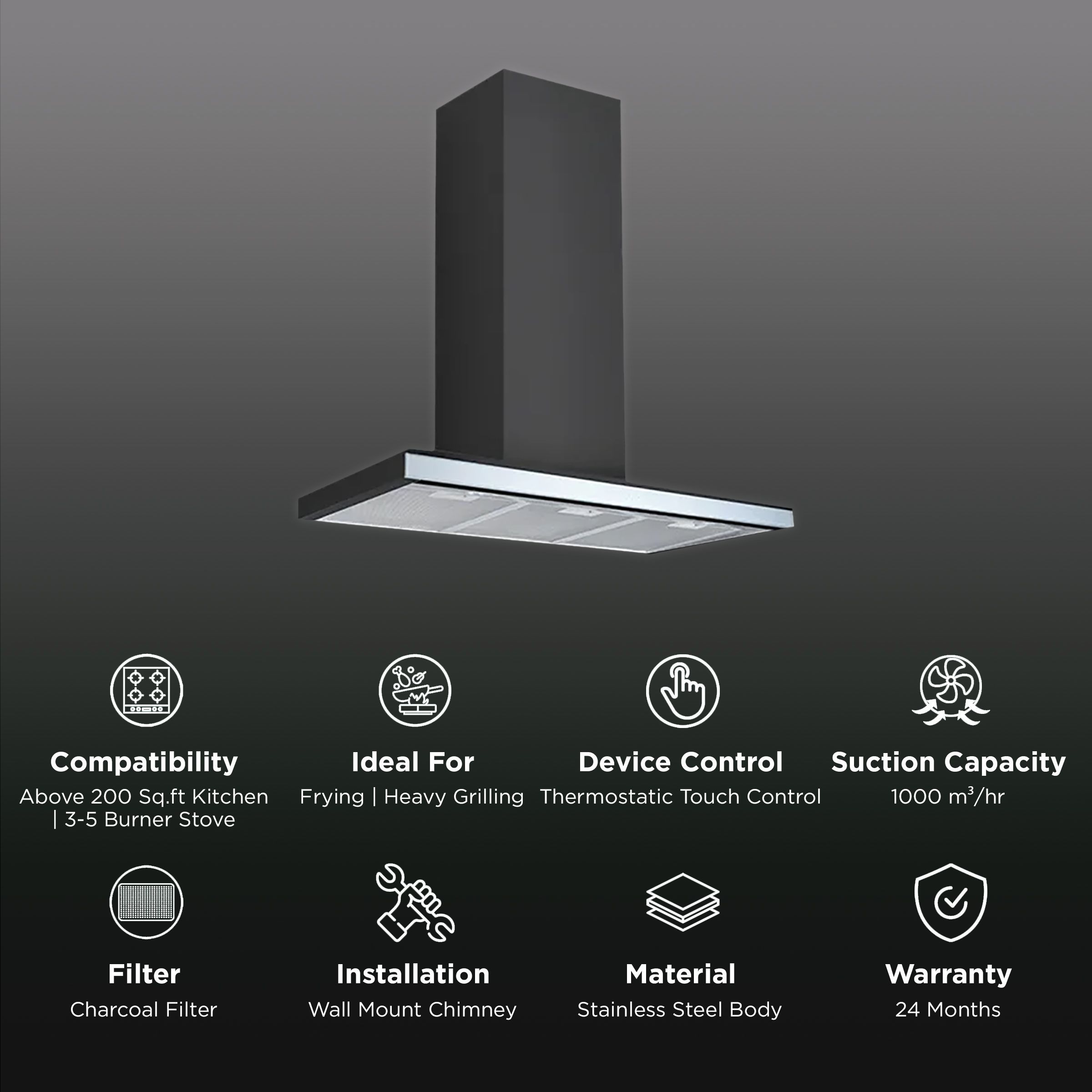 KAFF VISTOSI DHC IS 90cm 1000m3/hr Ducted Auto Clean Wall Mounted Chimney with Thermostatic Touch Control Panel (Black)_3